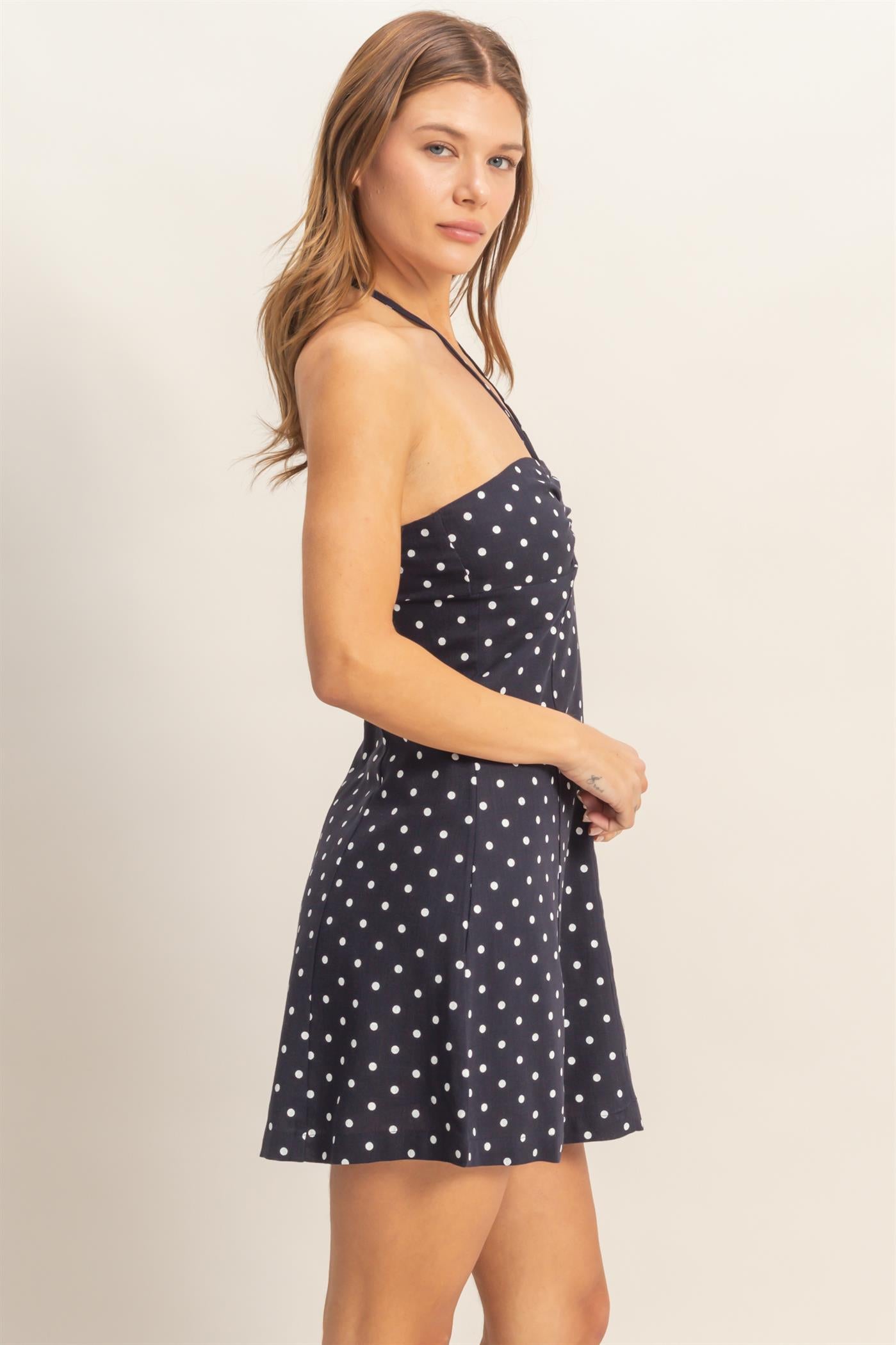 Wholesale Ruched Halter Polka Dot Mini Dress Dresses HF26C278-D NAVY HYFVE