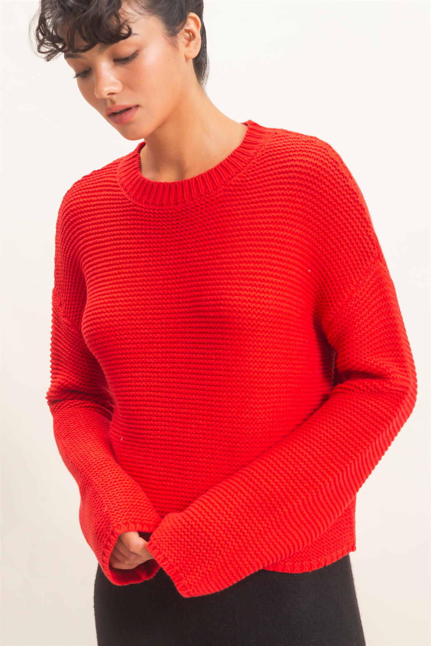 Wholesale Textured Knit Crew Neck Sweater Sweaters DZ26F395 RED DOUBLE ZERO