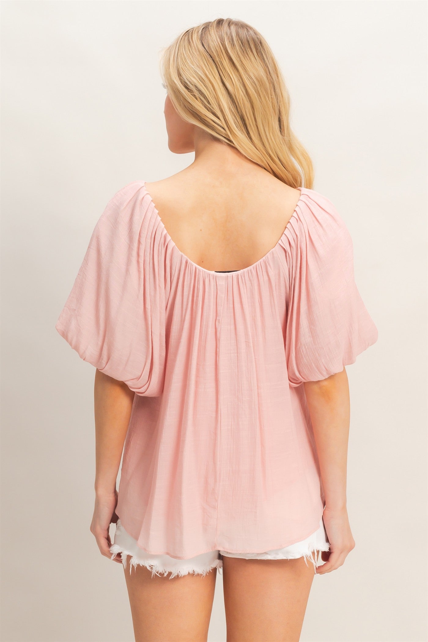 Wholesale Gathered Puff Sleeve Blouse Blouses HF26C307 BLUSH HYFVE