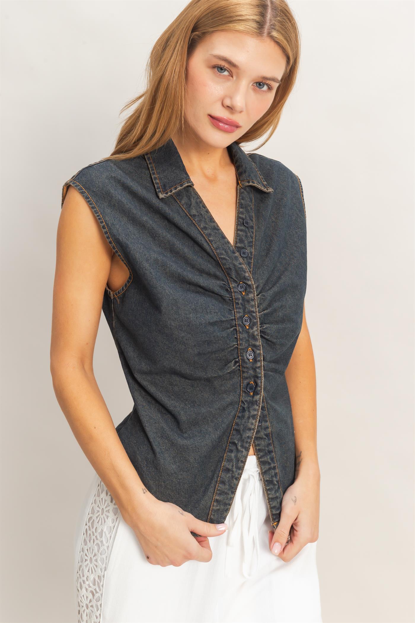 Wholesale Sleeveless Denim Button-Up Top Clothing Tops HF26C221 DARK BLUE HYFVE