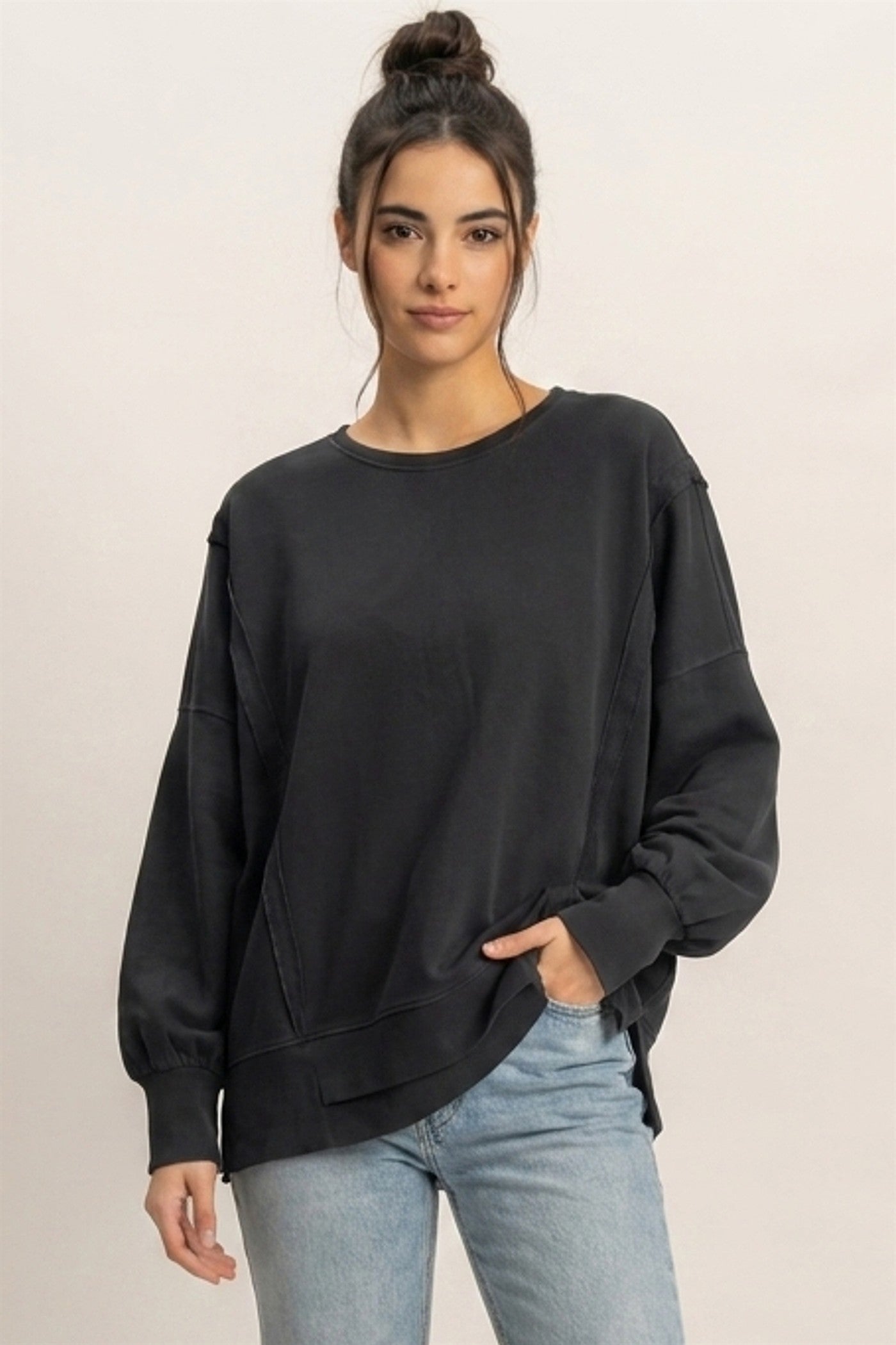 Wholesale Pigment  Dye Oversized Raw Edge Sweatshirt Sweatshirts DZ26C737 BLACK DOUBLE ZERO