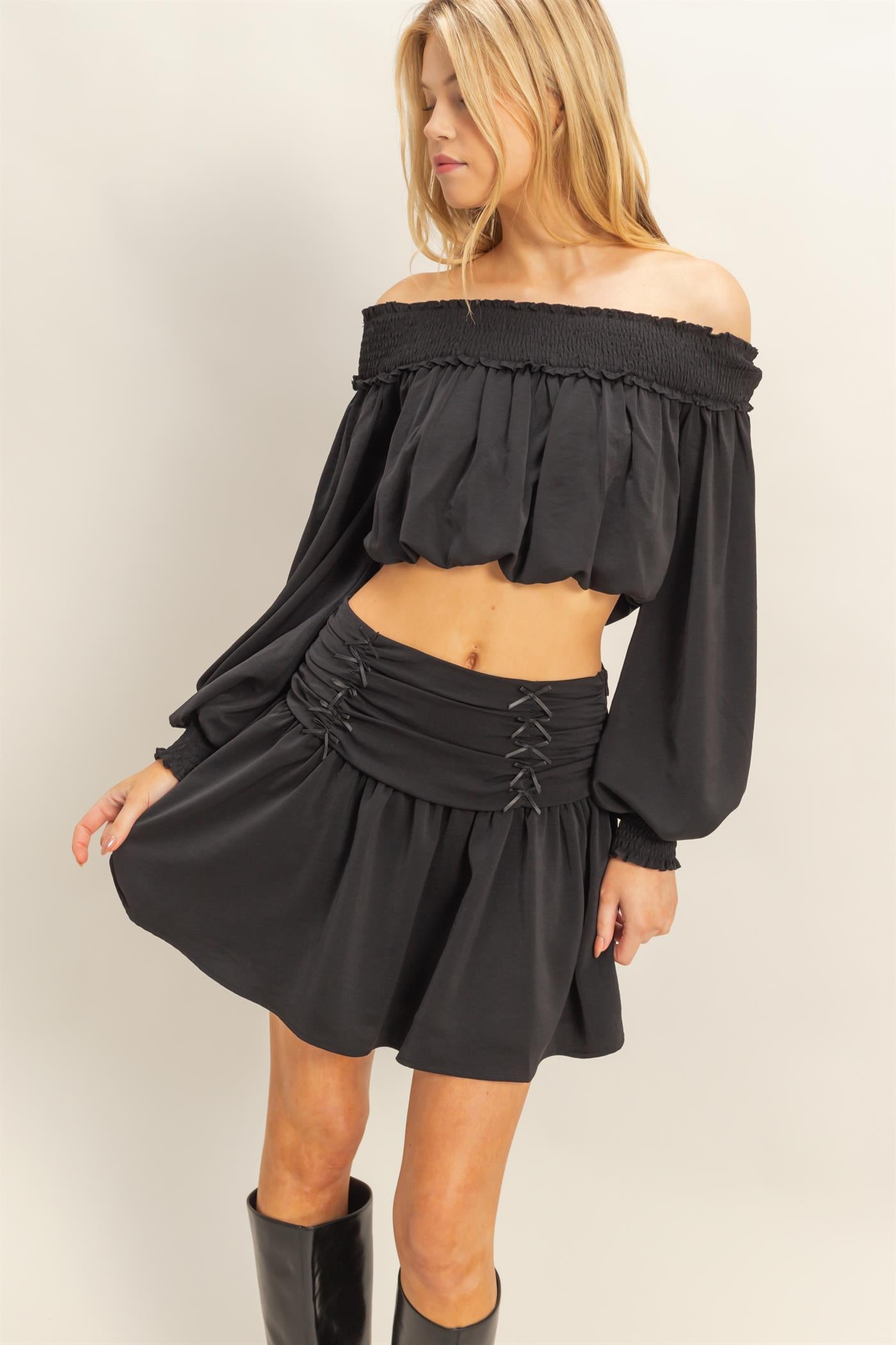 Wholesale Romantic Off Shoulder Top And Gathered Skirt Set Clothing HF25A243-SET BLACK HYFVE