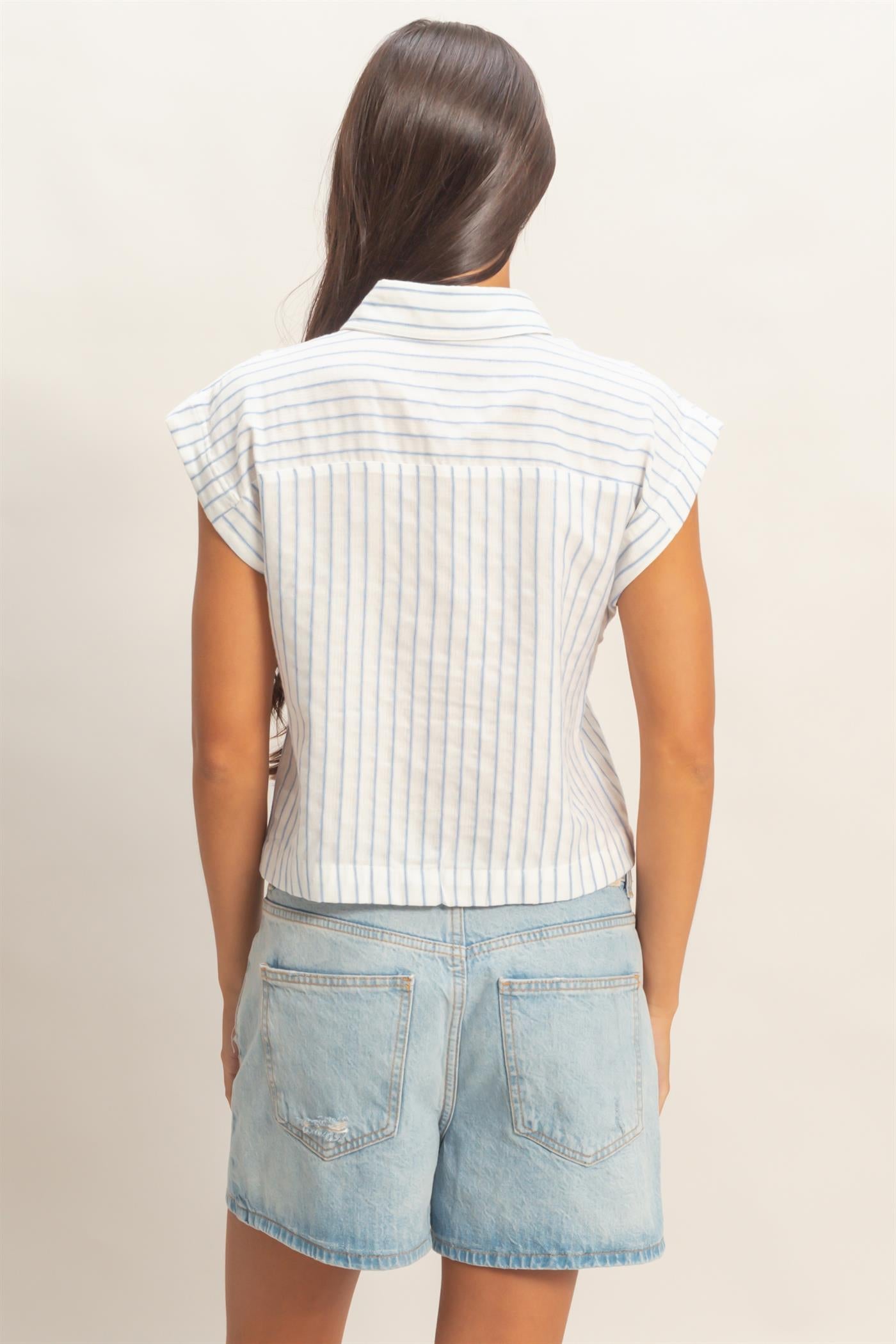 Wholesale Striped Sleeveless Button-Up Shirt Clothing Tops DZ26A206 BLUE DOUBLE ZERO