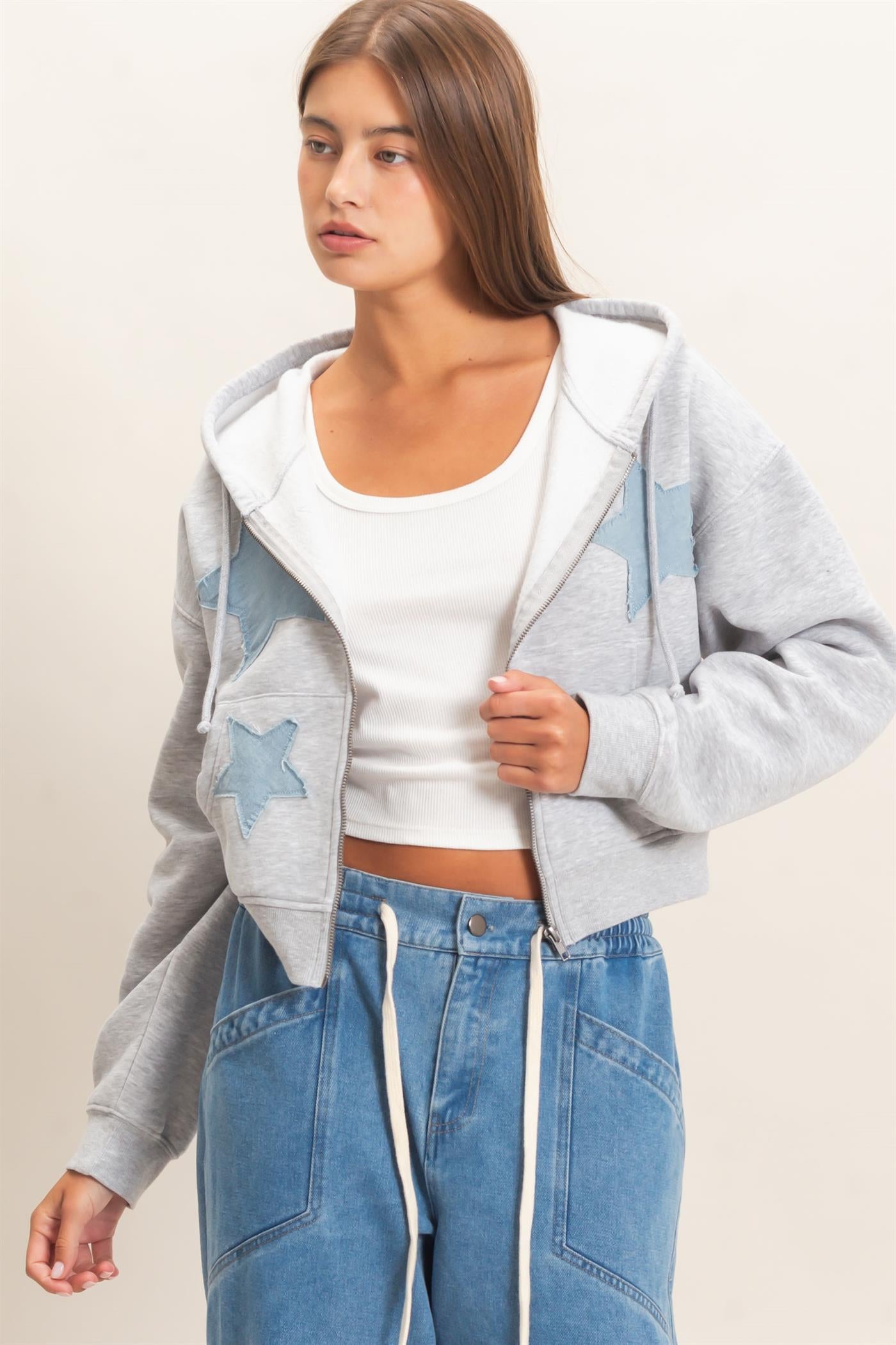 Wholesale Star Patch Zip-Up Hoodie Hoodies DZ26E828 HEATHER GRAY DOUBLE ZERO