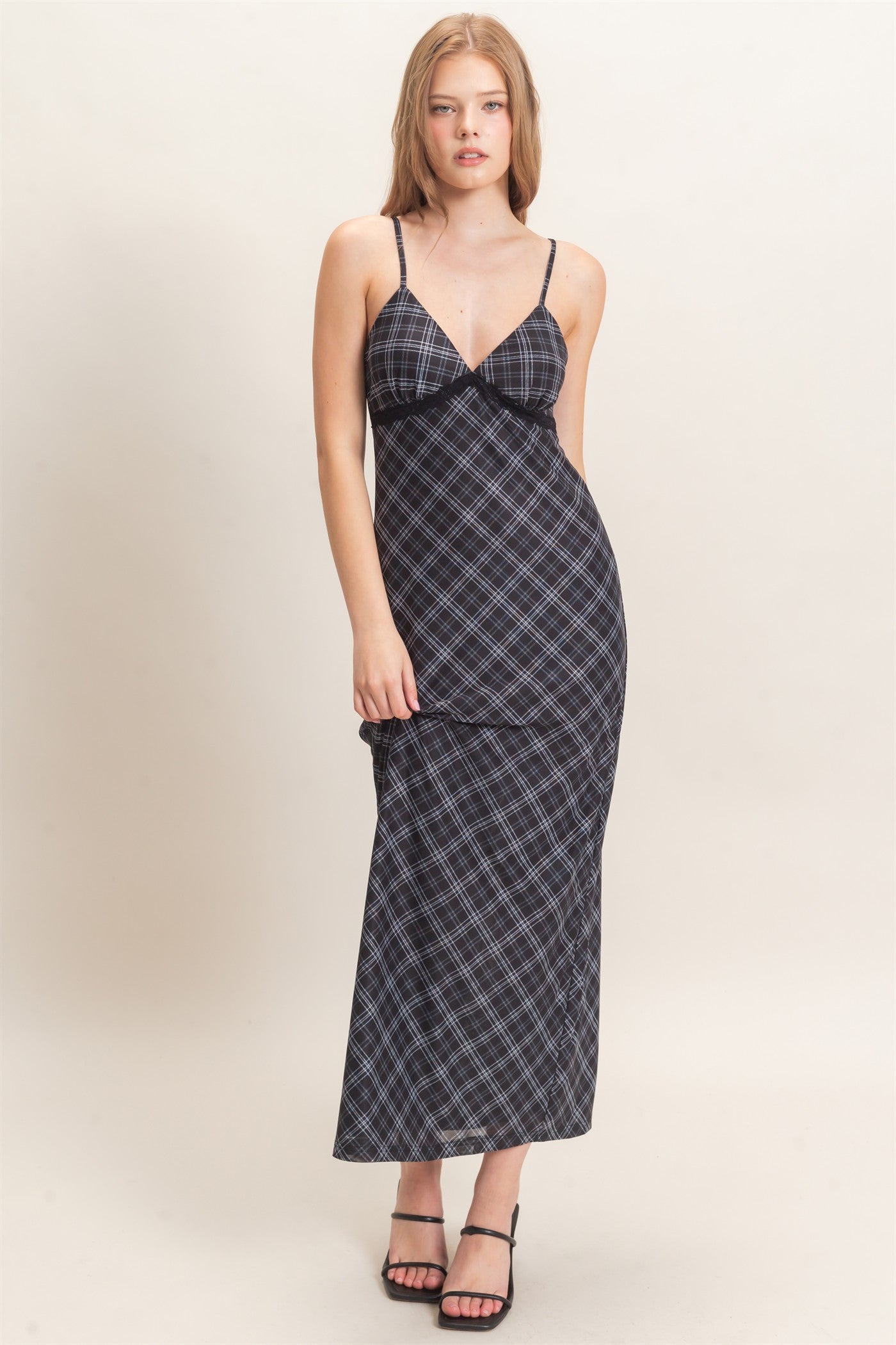 Wholesale Plaid Spaghetti Strap Midi Dress Dresses HF26E709 BLACK HYFVE