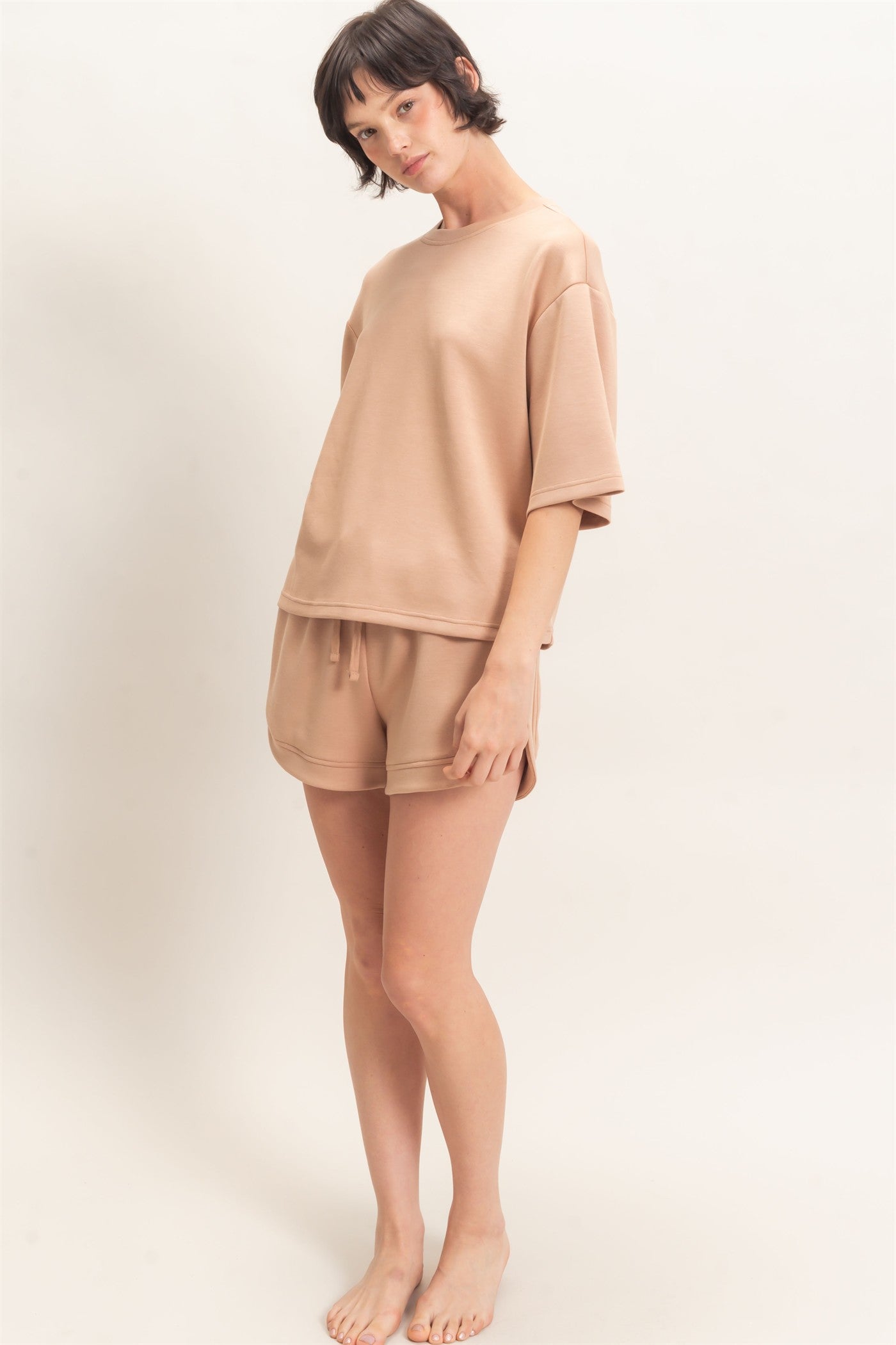 Wholesale Loose Fit Crew Neck Short Sleeve Top Clothing Tops DZ26C965 DARK TAUPE DOUBLE ZERO