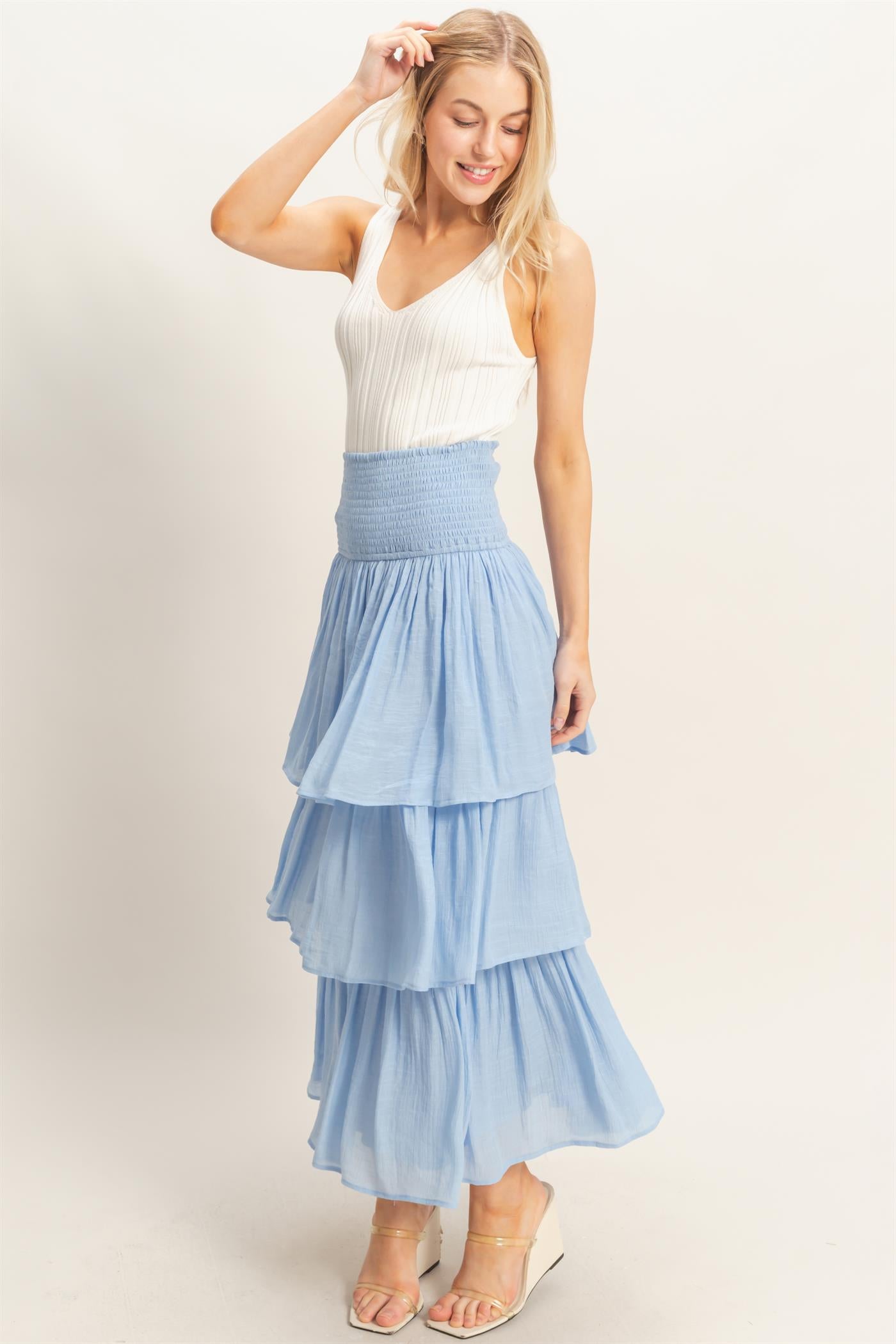 Wholesale Tiered Smocked Waist Skirt Skirts HF26C188-D POWDER BLUE HYFVE