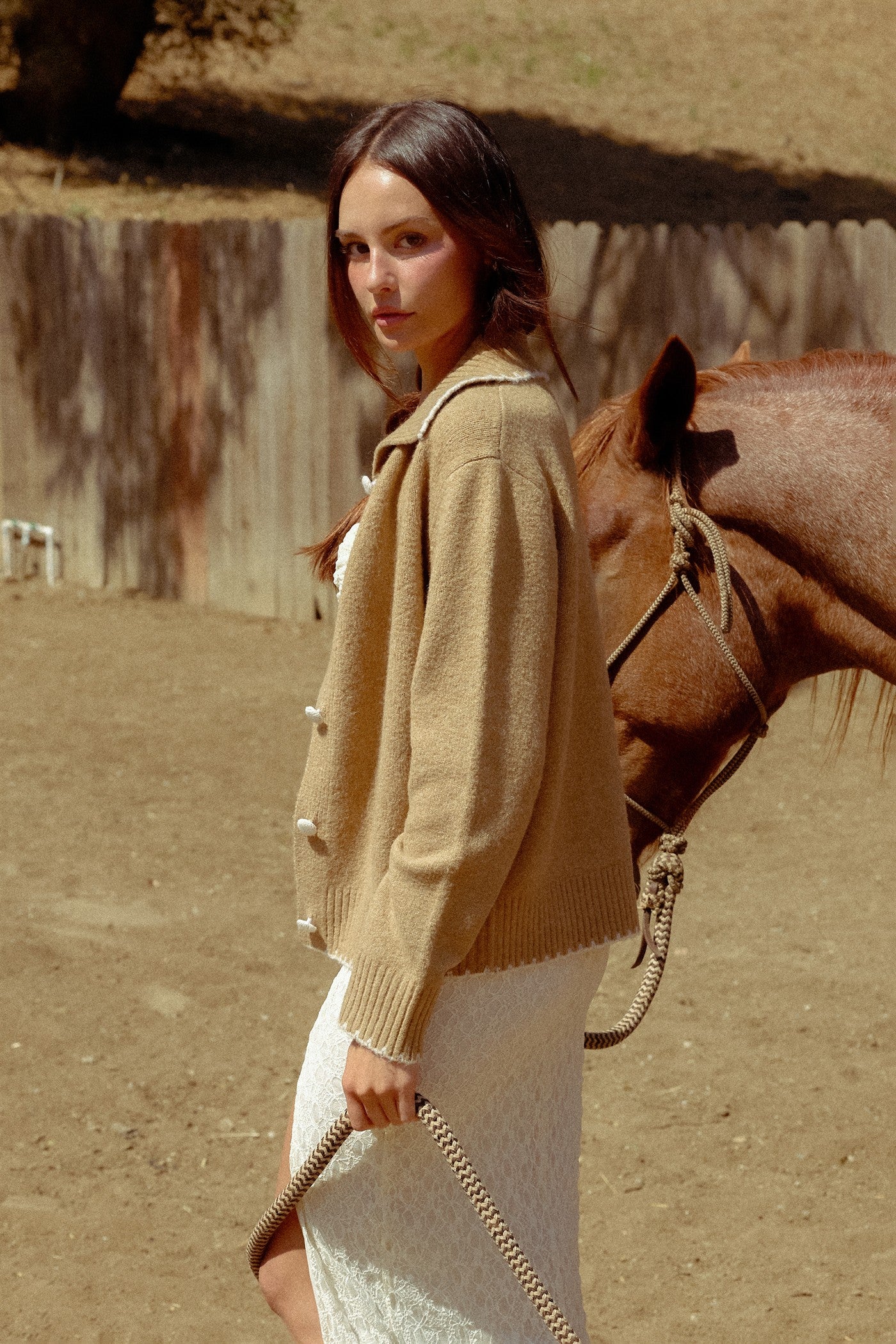 Wholesale Blanket Stitch Collared Cardigan Cardigans HF26F356 CAMEL HYFVE