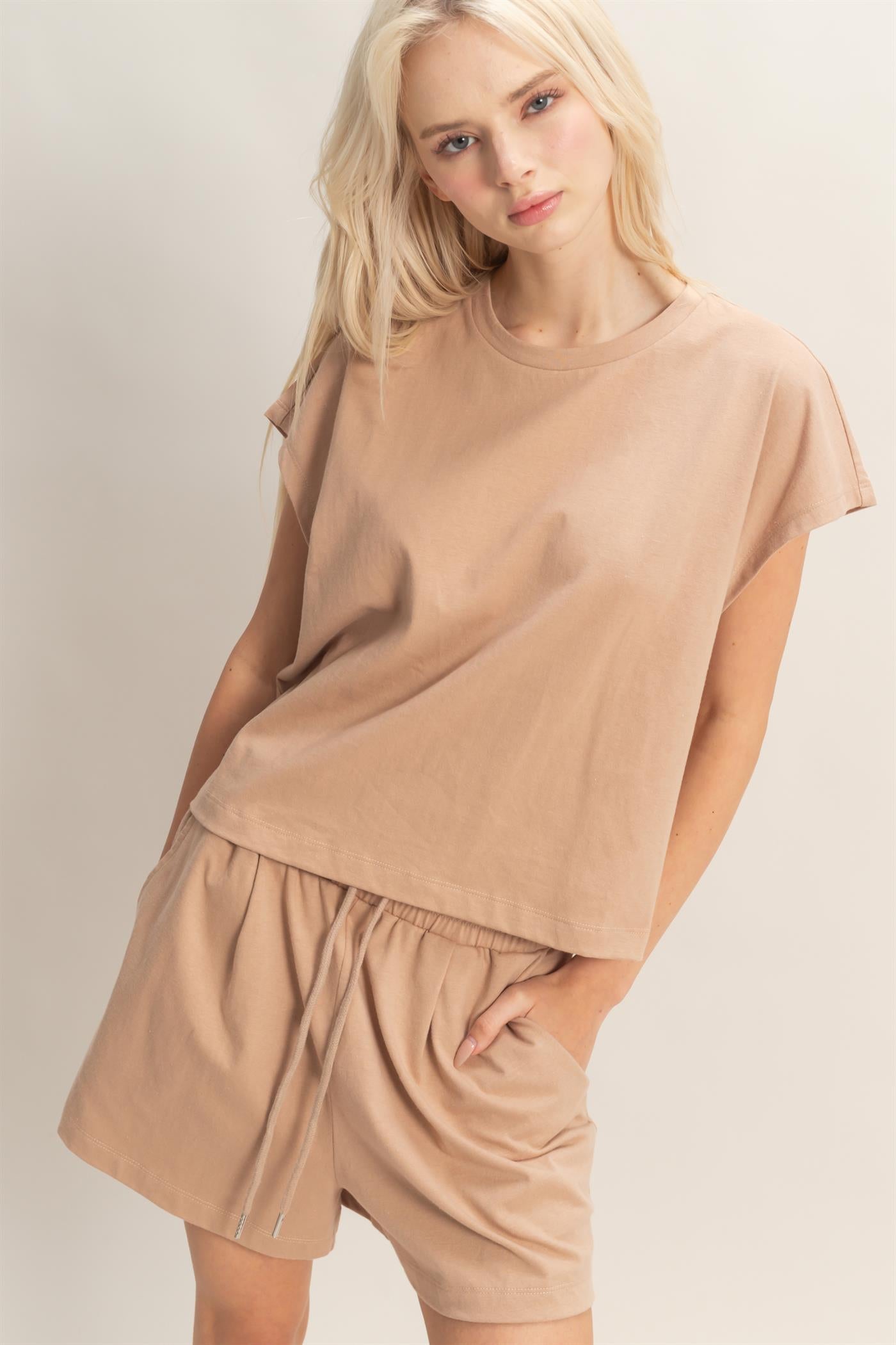 Wholesale Cap Sleeve Boxy Top And Shorts Set Clothing DZ26C543-SET DARK TAUPE DOUBLE ZERO