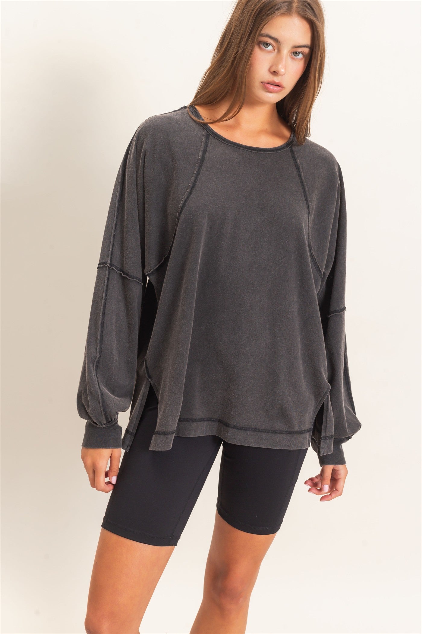 Wholesale Raglan Sleeve Snow Wash Top Shirts DZ26E945 BLACK DOUBLE ZERO