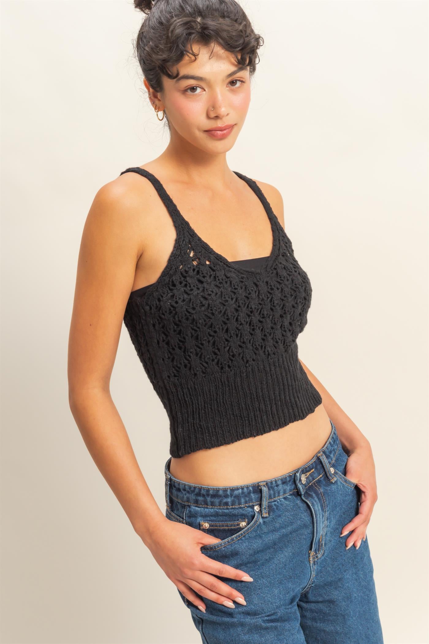 Wholesale Crochet Crop Top Clothing Tops DZ22C228 BLACK DOUBLE ZERO