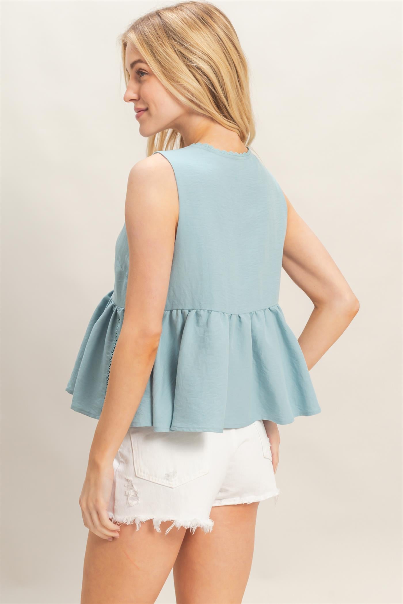 Wholesale Lace Trim Tie Front Top Clothing Tops HF26C100-D LIGHT BLUE HYFVE