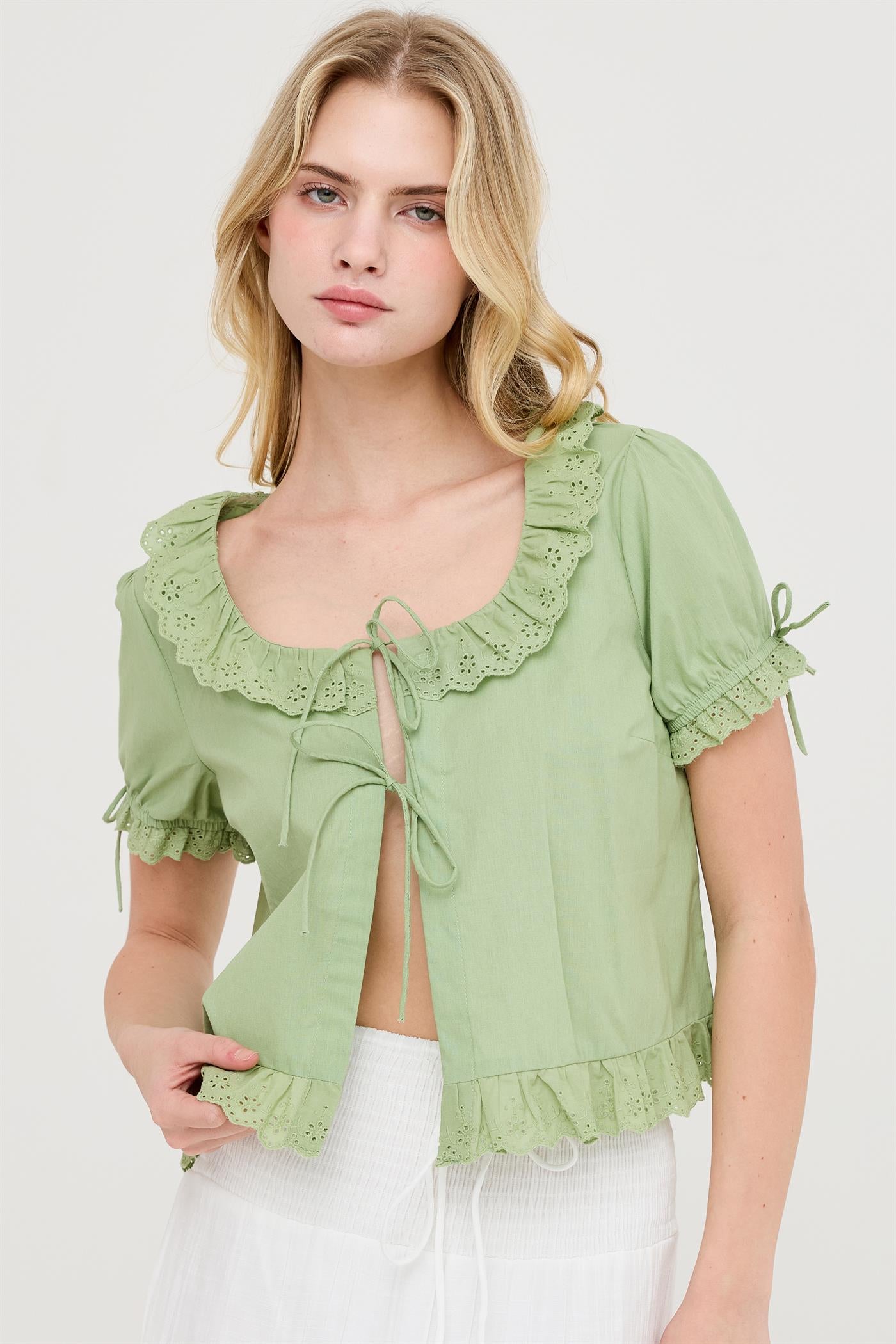 Wholesale Lace Trim Peasant Top Blouses HF26C137 LIGHT OLIVE HYFVE