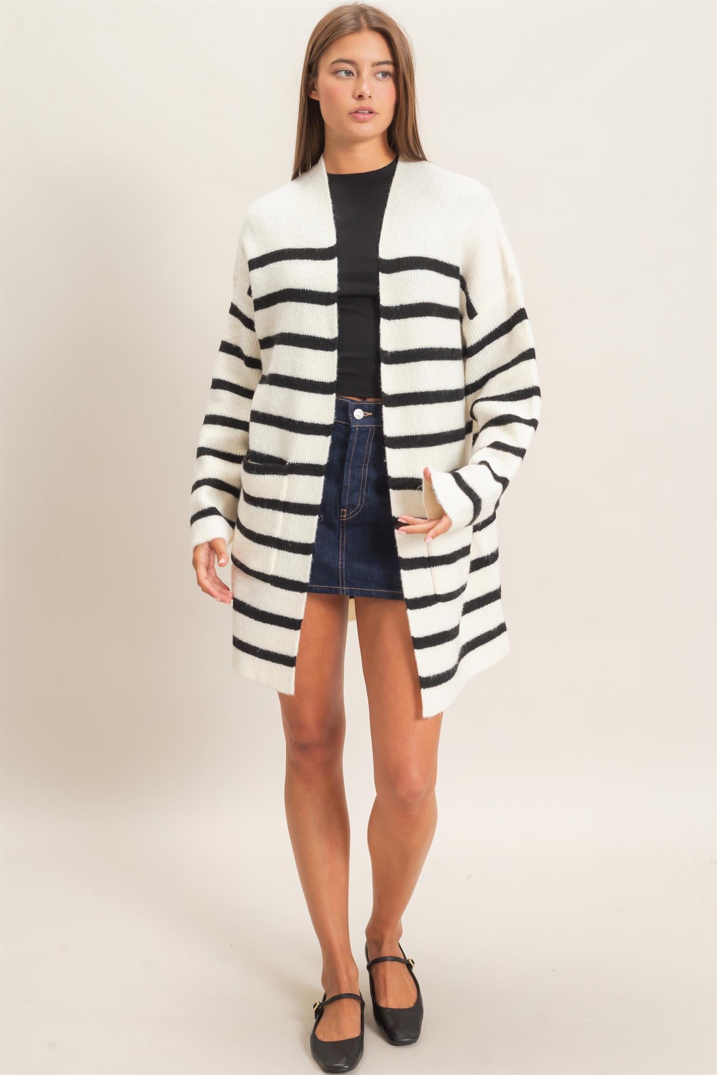 Wholesale Open Front Stripe Cardigan Cardigans DZ26C342 CREAM DOUBLE ZERO