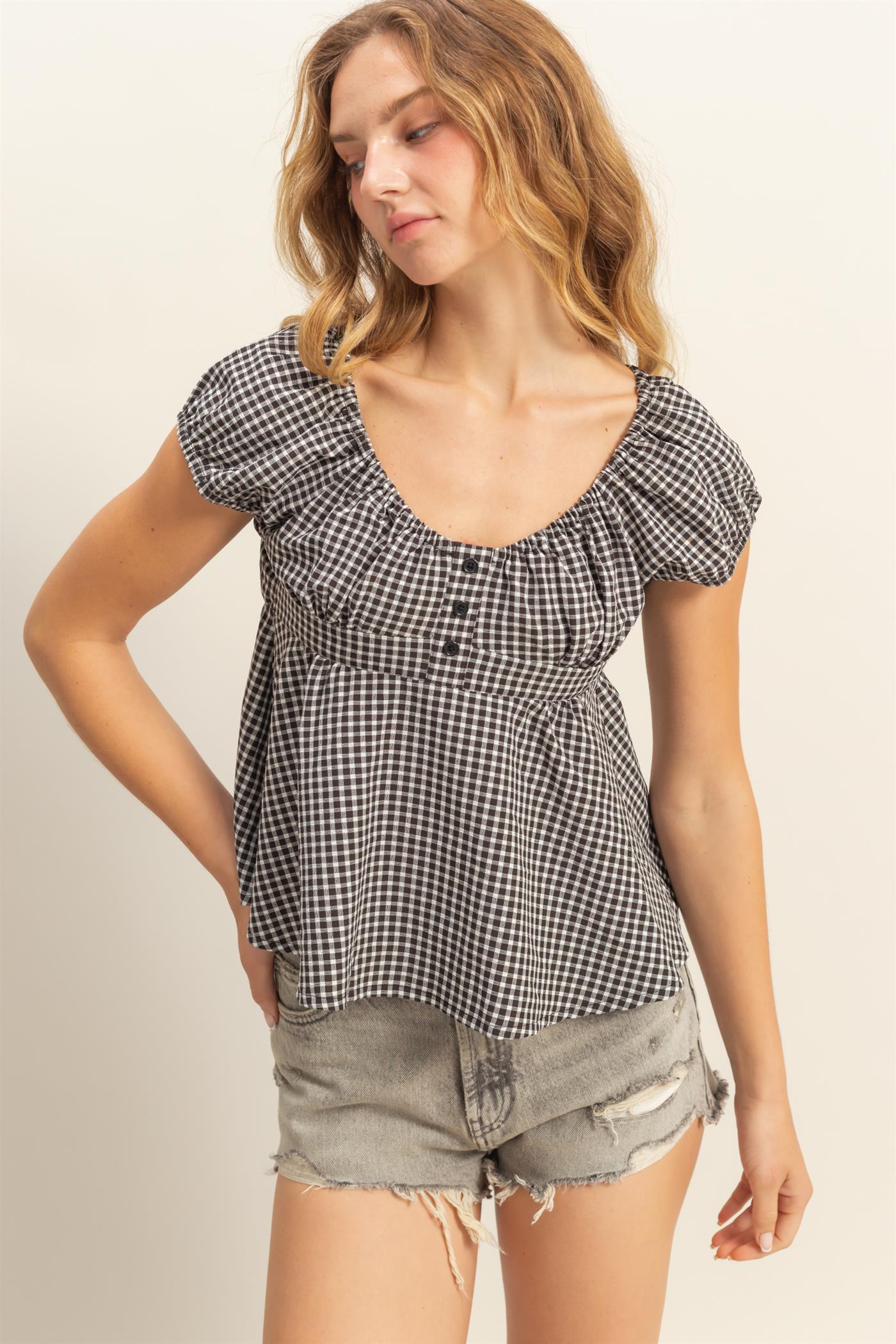 Wholesale Gingham Scoop Neck Cap Sleeve Blouse Blouses DZ25C042 BLACK DOUBLE ZERO