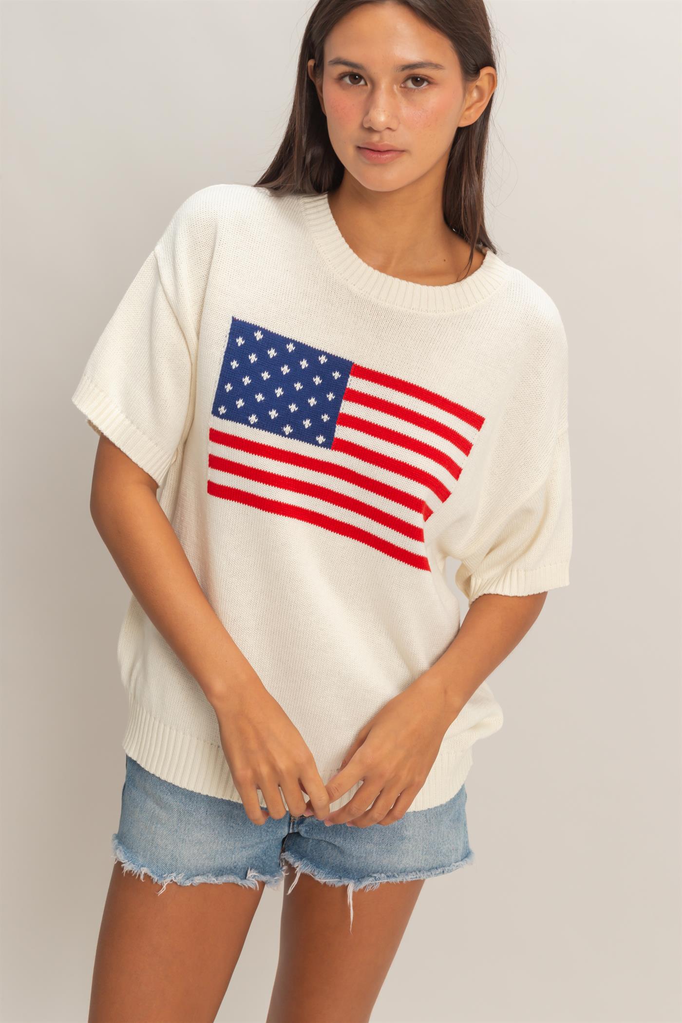 Wholesale American Flag Knit Top Shirts DZ26A309 CREAM DOUBLE ZERO