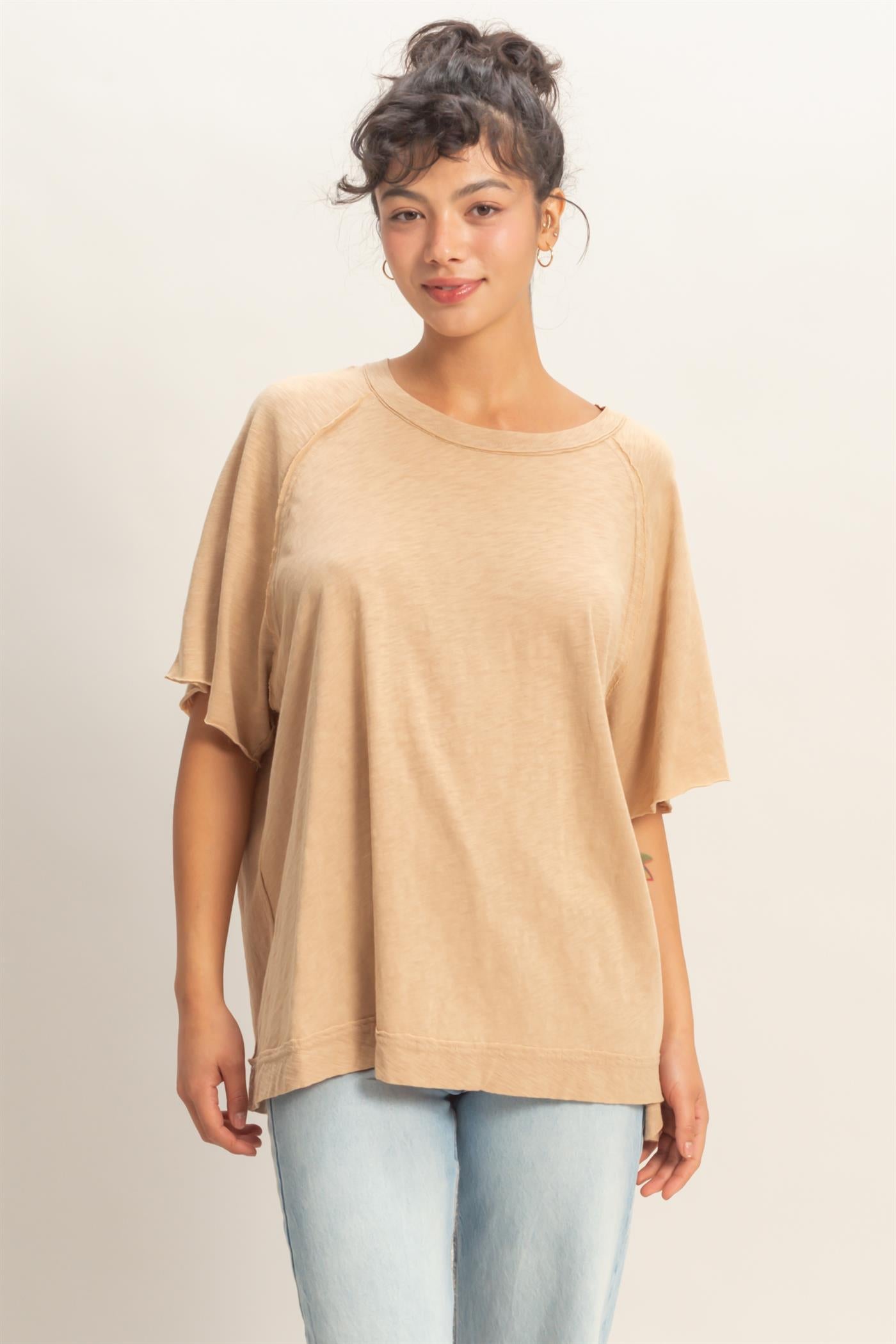 Wholesale Acid Washed Oversized Raw Edges Raglan Tee T-Shirts DZ26A333 DARK TAUPE DOUBLE ZERO