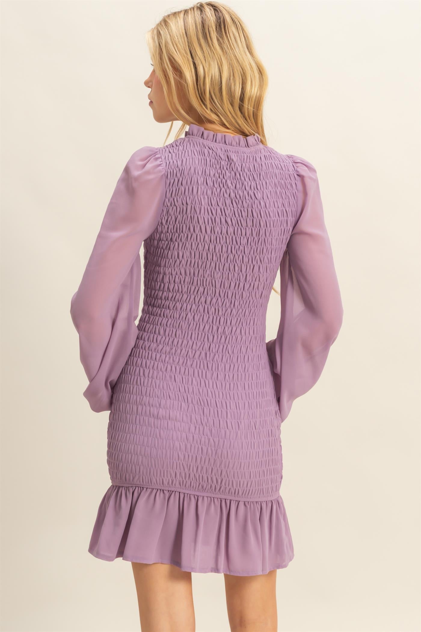 Wholesale Smocked Ruffled Mini Dress Dresses HF23G430 LAVENDER HYFVE