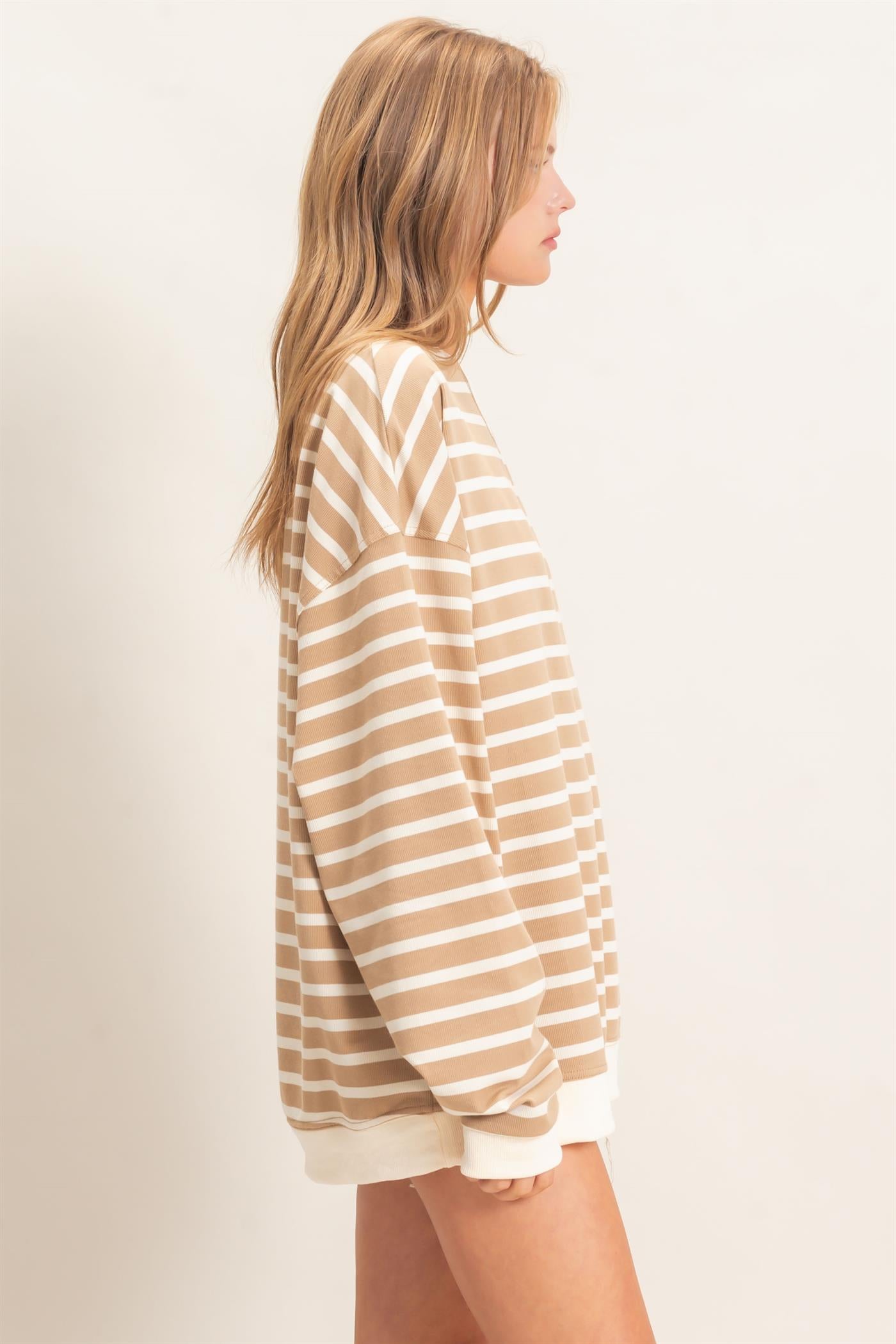 Wholesale Striped Long Sleeve Pullover Sweatshirts HF26F077 TAUPE/CREAM HYFVE