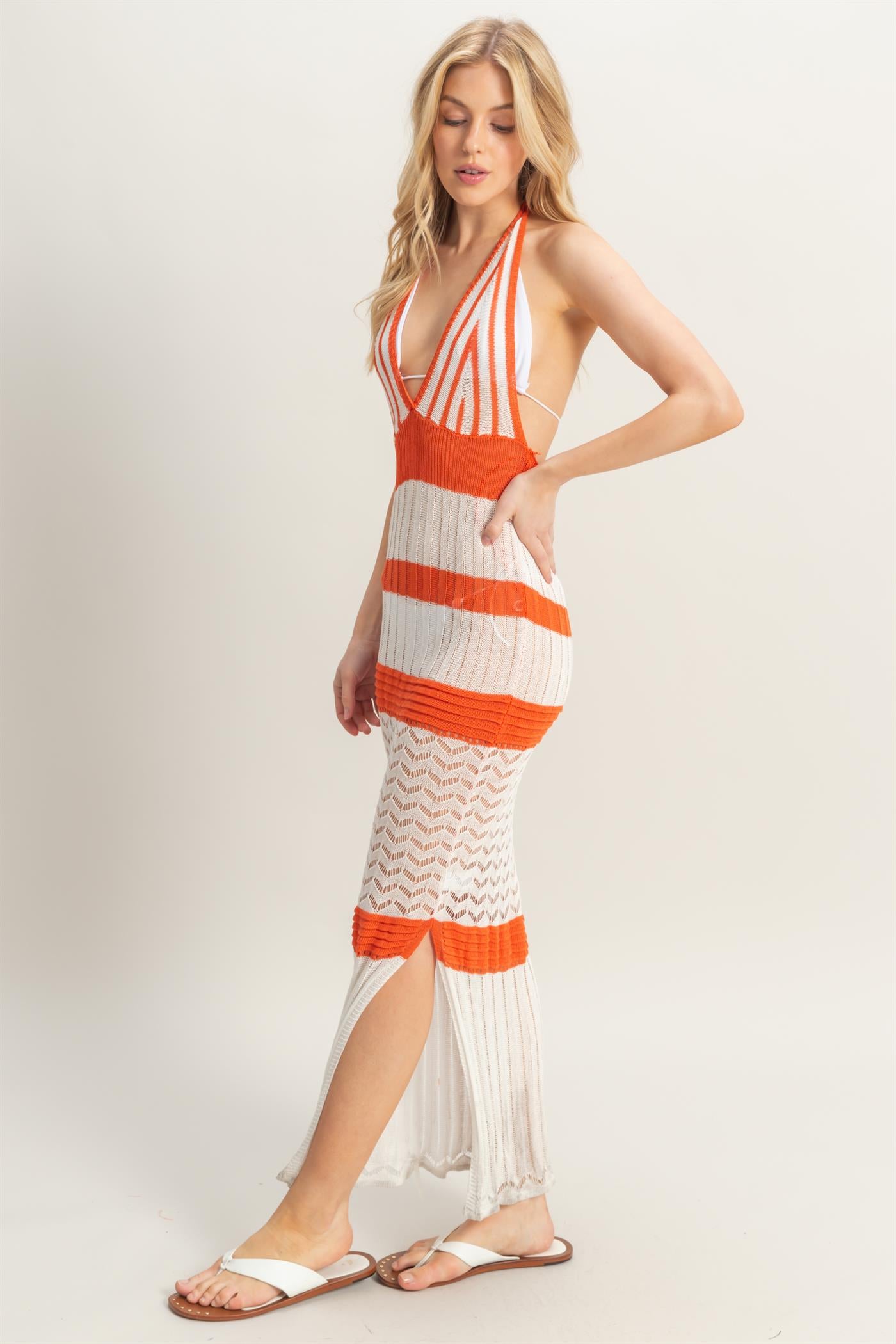 Wholesale Crochet Striped Halter Coverup Maxi Dress Dresses HF25A820 ORANGE HYFVE
