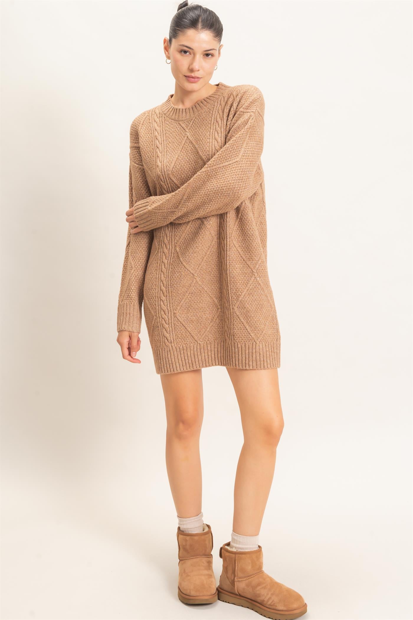 Wholesale Cable Knit Crew Neck Dress Dresses HF26F006 TAUPE HYFVE