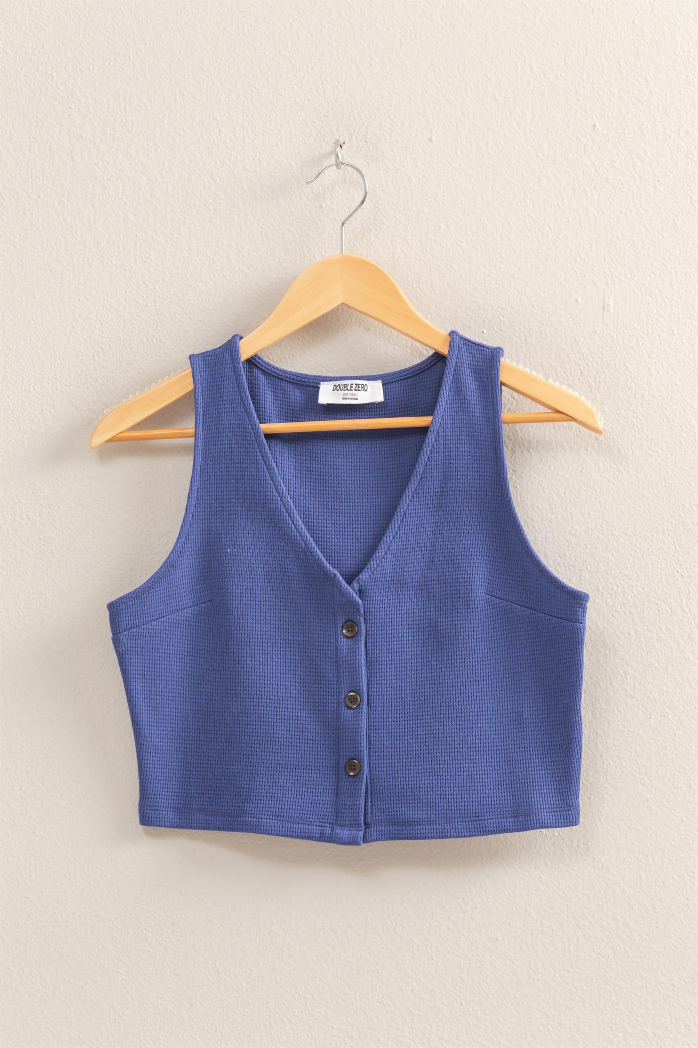 Wholesale Waffle Knit Button Down Sleeveless Vest Vests DZ25C154 DUSTY INDIGO DOUBLE ZERO