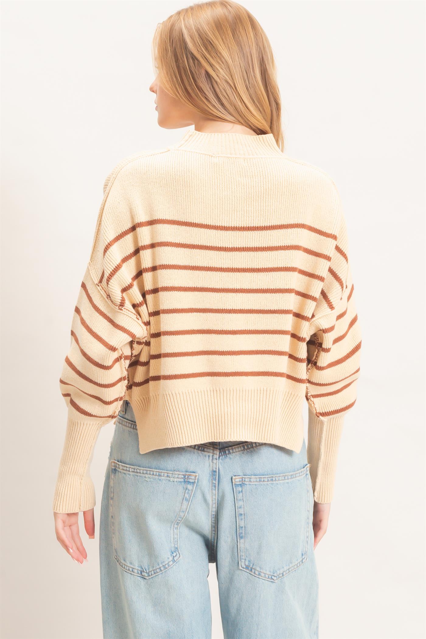 Wholesale Striped Mock Neck Cropped Sweater Sweaters HF26F192 BROWN HYFVE
