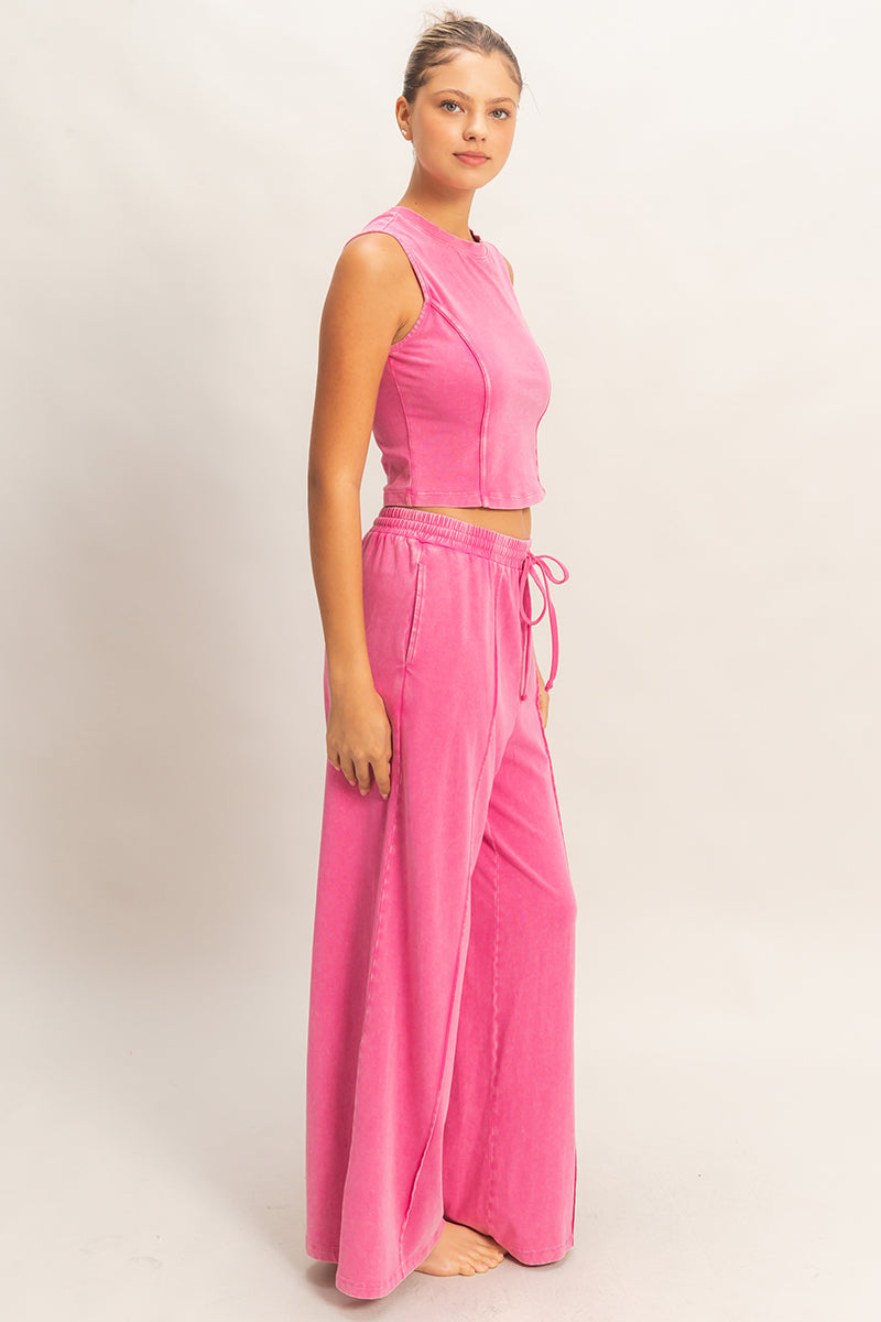 Wholesale Mineral Washed Sleeveless Top & Wide Leg Pants Set Clothing DZ26A371-SET FUCHSIA DOUBLE ZERO