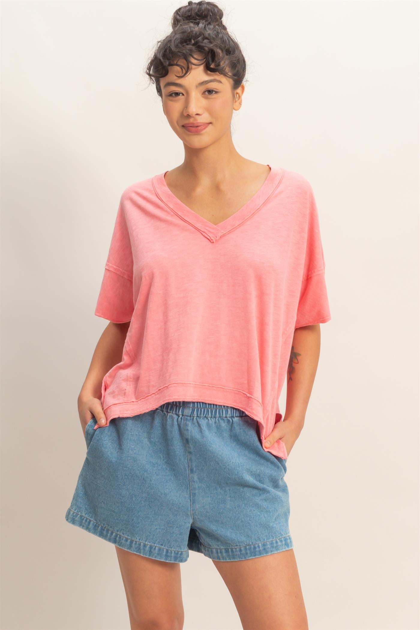 Wholesale Oversized V-Neck Short Sleeve Top Clothing Tops DZ26A032 TAFFY PINK DOUBLE ZERO