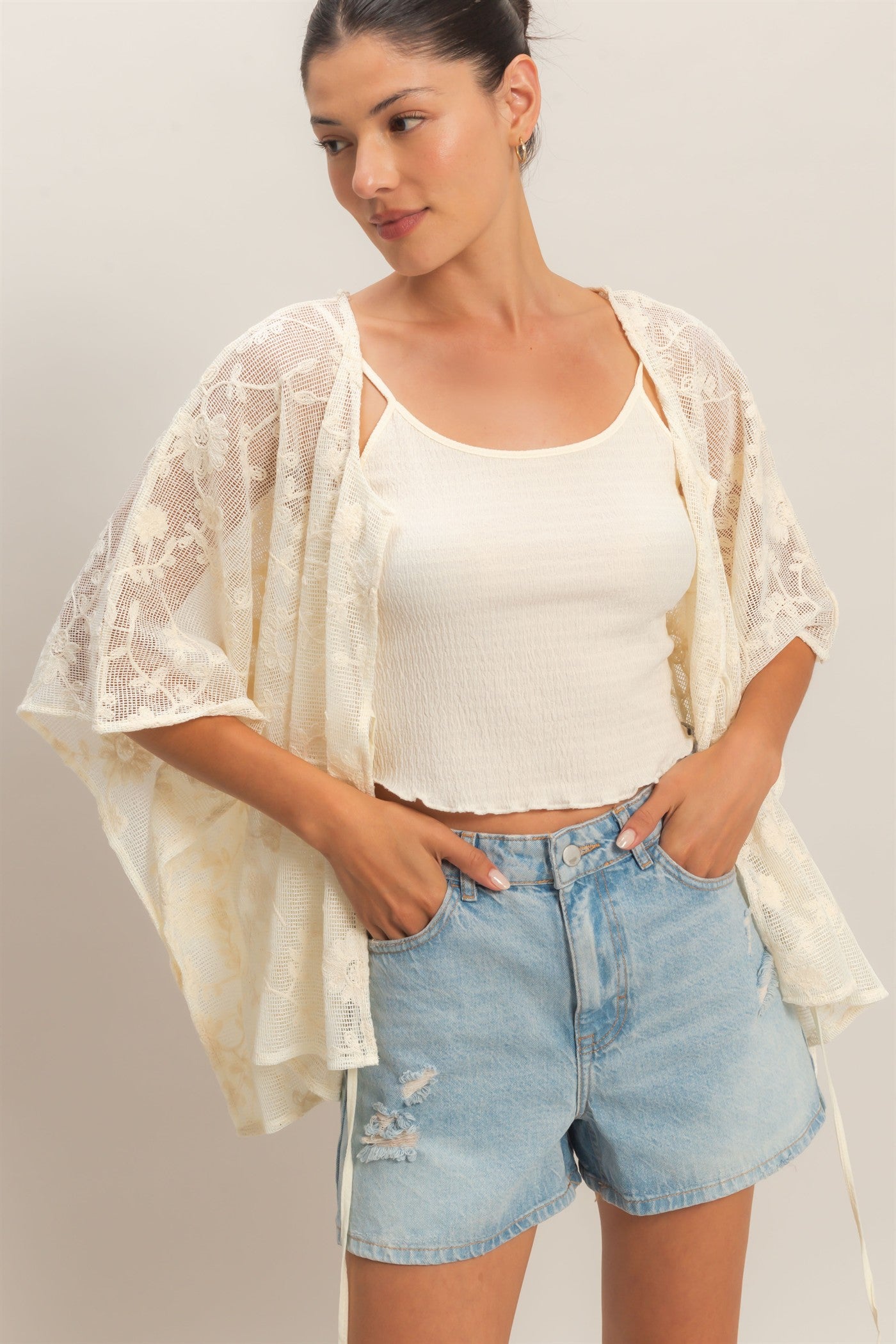 Wholesale Floral Lace Cover-Up Clothing Tops HF26C196 NATURAL HYFVE