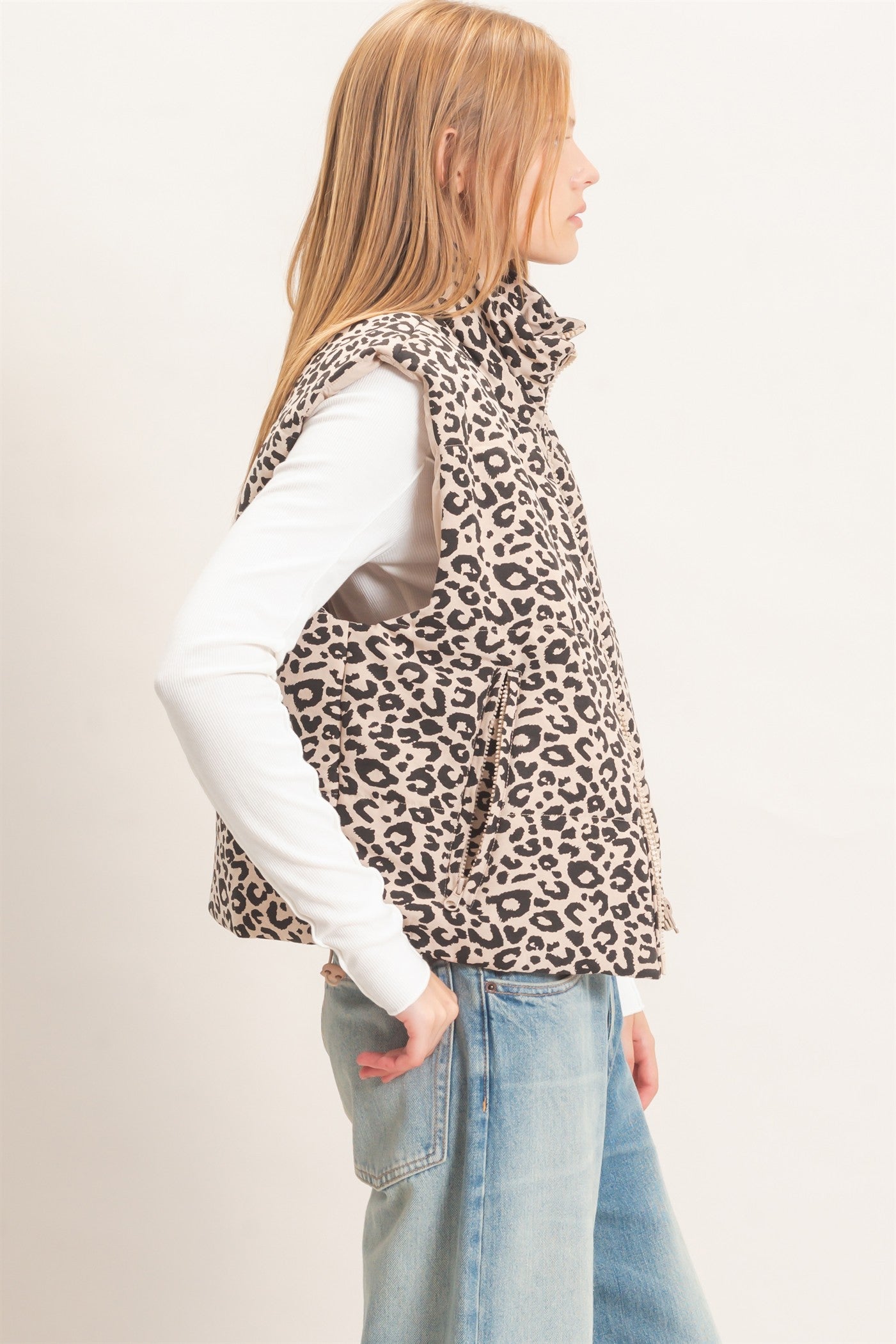 Wholesale Leopard Quilted Zip Up Puffer Vest Outerwear HF26F205 KHAKI HYFVE