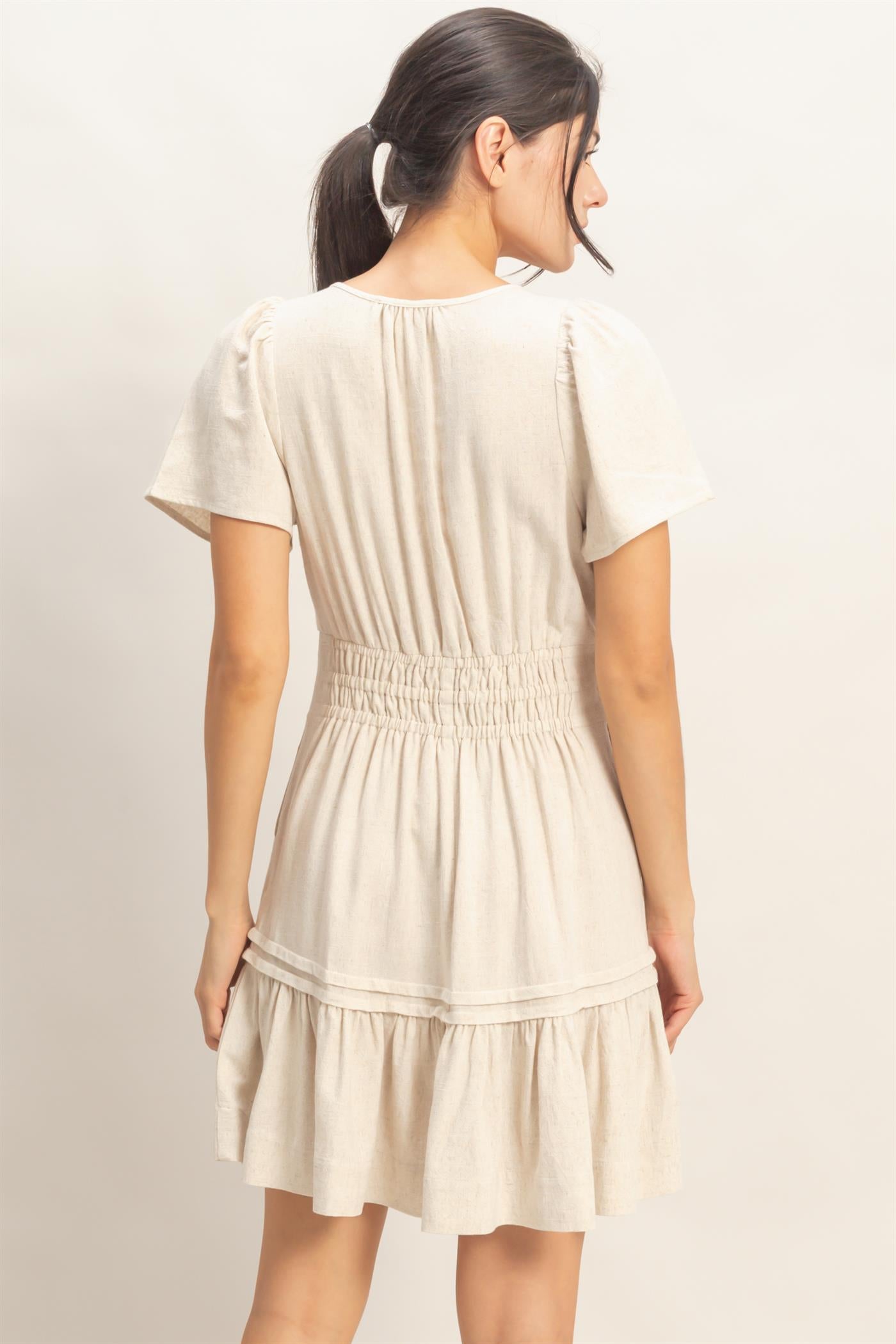 Wholesale Short Sleeve Tuck Skirt Dress Dresses HF26A194 OATMEAL HYFVE