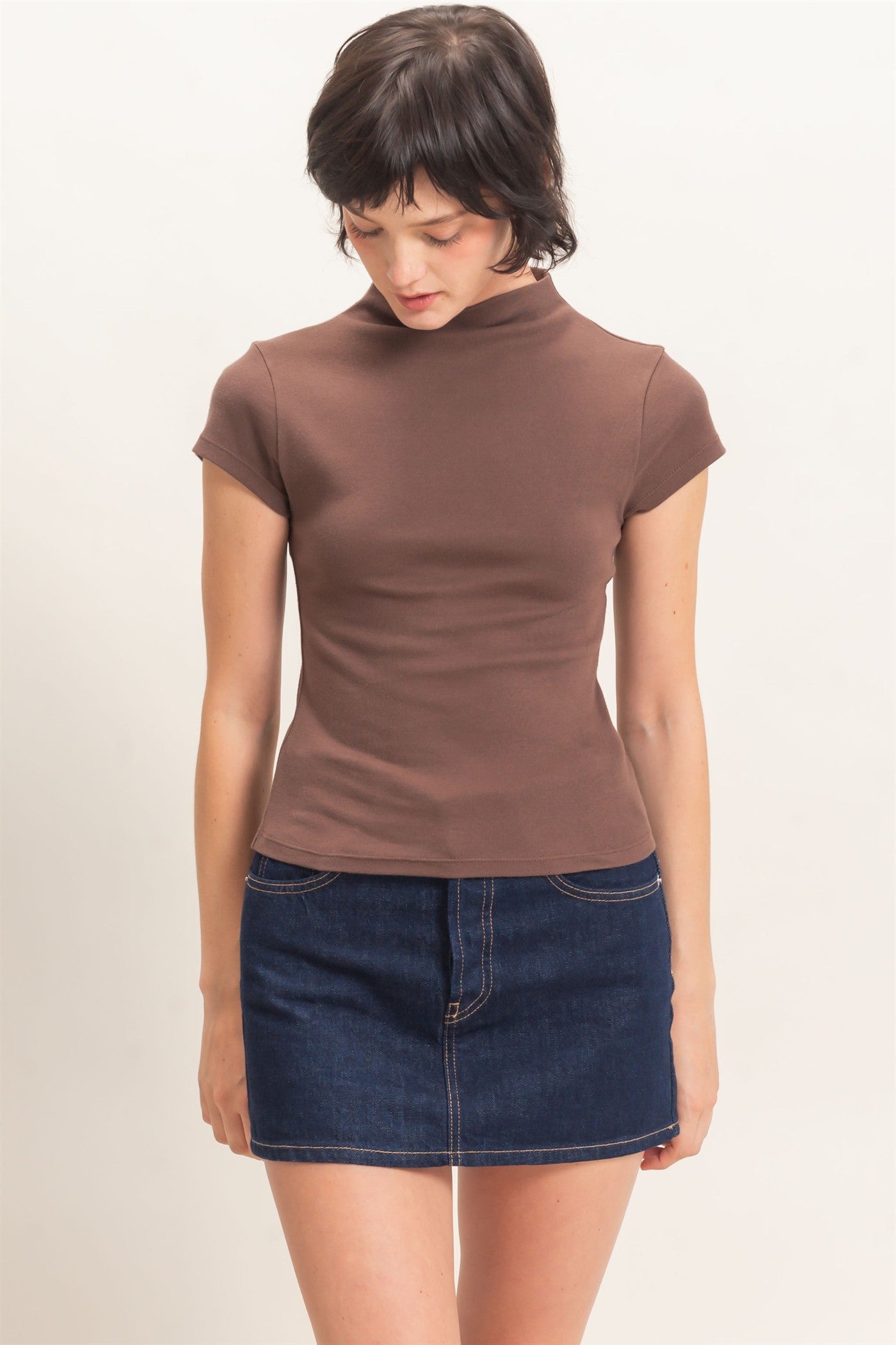 Wholesale Mock Neck Cap Sleeve Top Clothing Tops DZ26E323 DARK BROWN DOUBLE ZERO