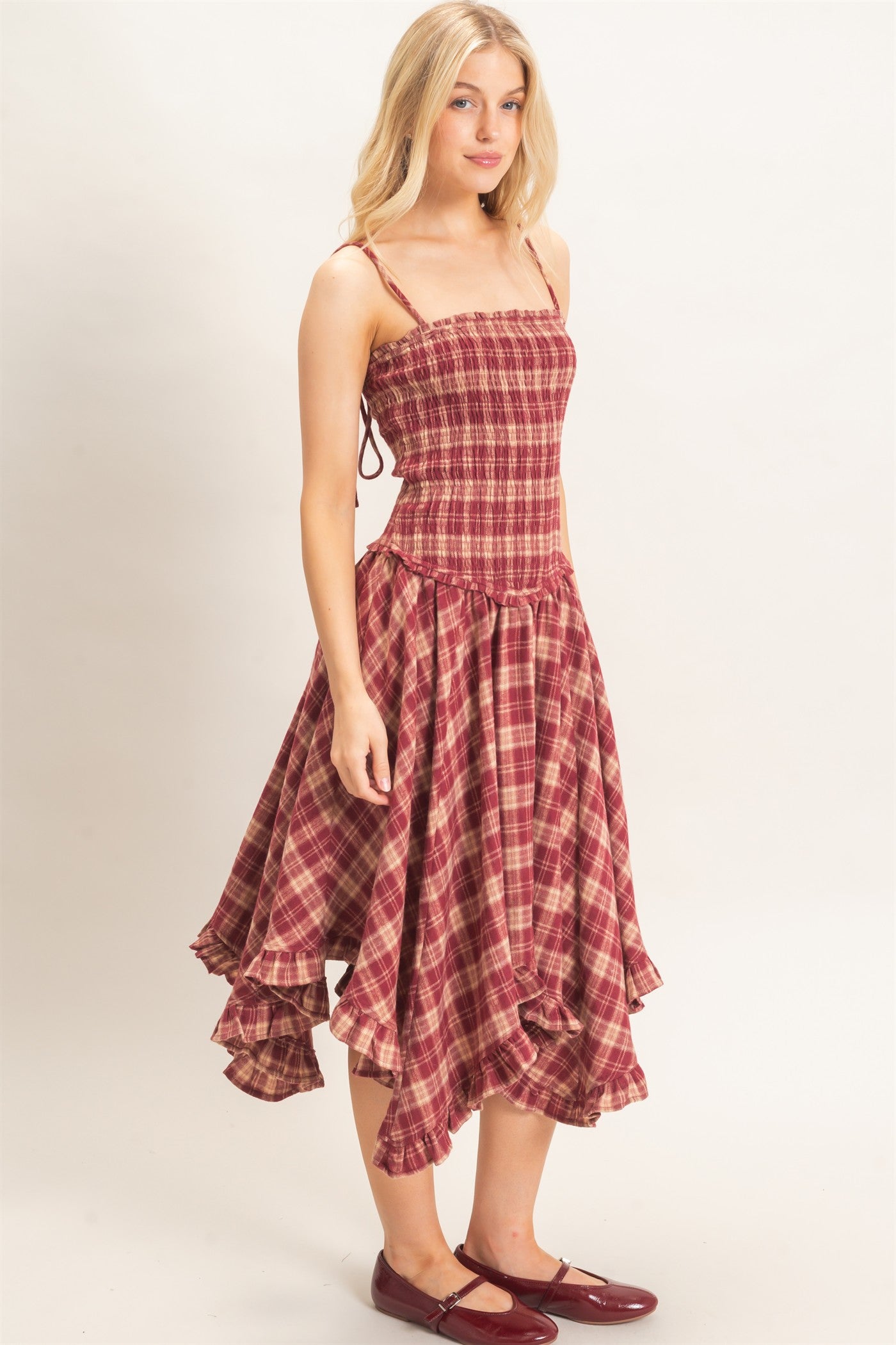 Wholesale Plaid Smocked Spaghetti Strap Dress Dresses HF26F211 BURGUNDY HYFVE