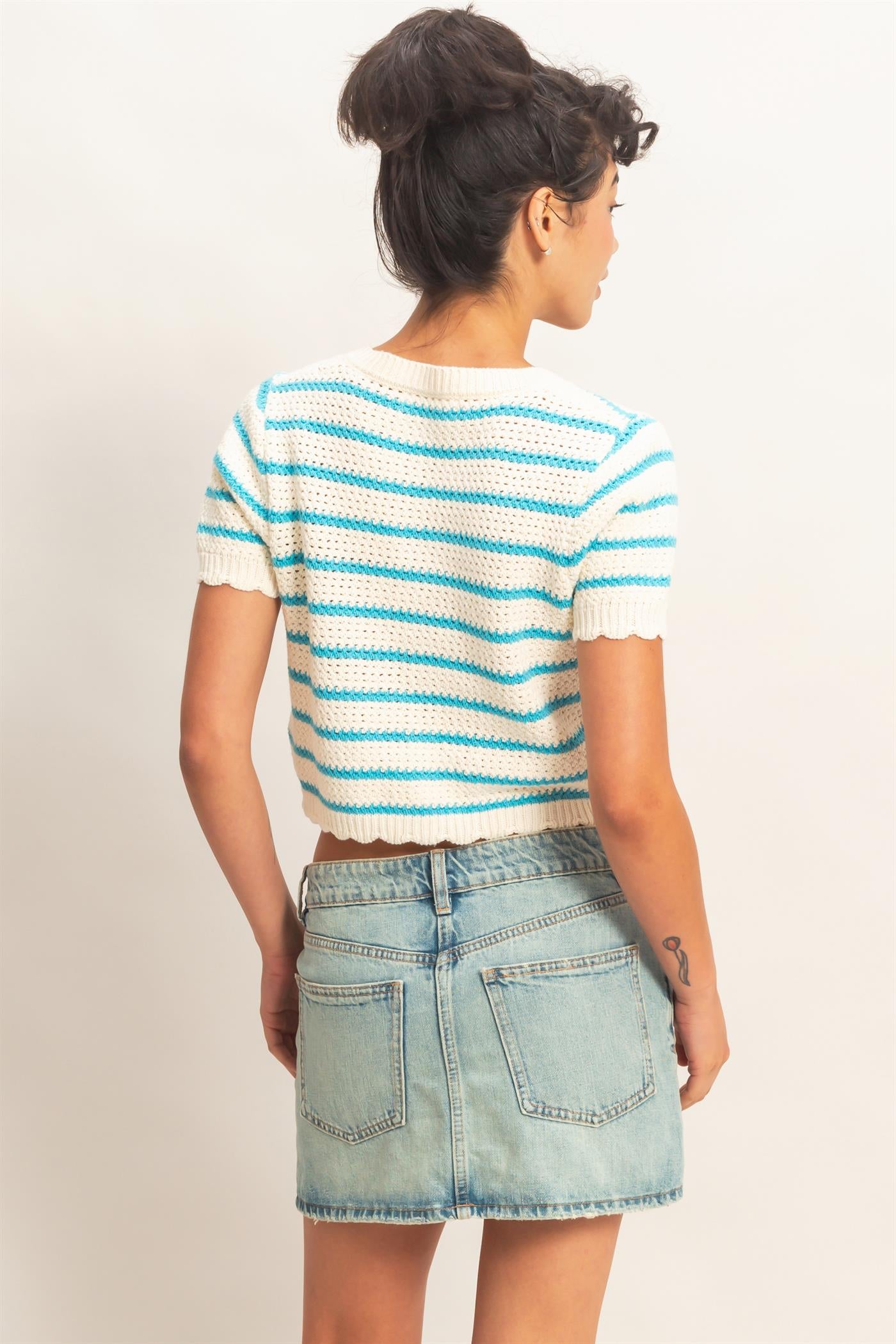 Wholesale Striped Short Sleeve Cardigan With Scallop Edge Cardigans DZ26A605 BLUE DOUBLE ZERO