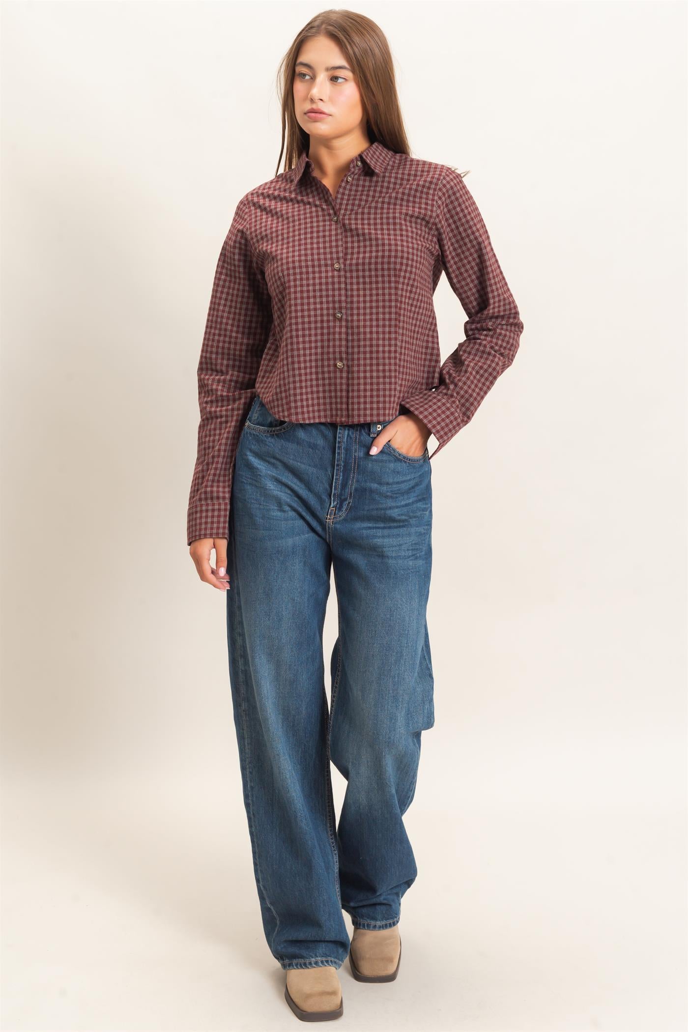 Wholesale Plaid Long Sleeve Shirt Shirts DZ26E910 BURGUNDY DOUBLE ZERO