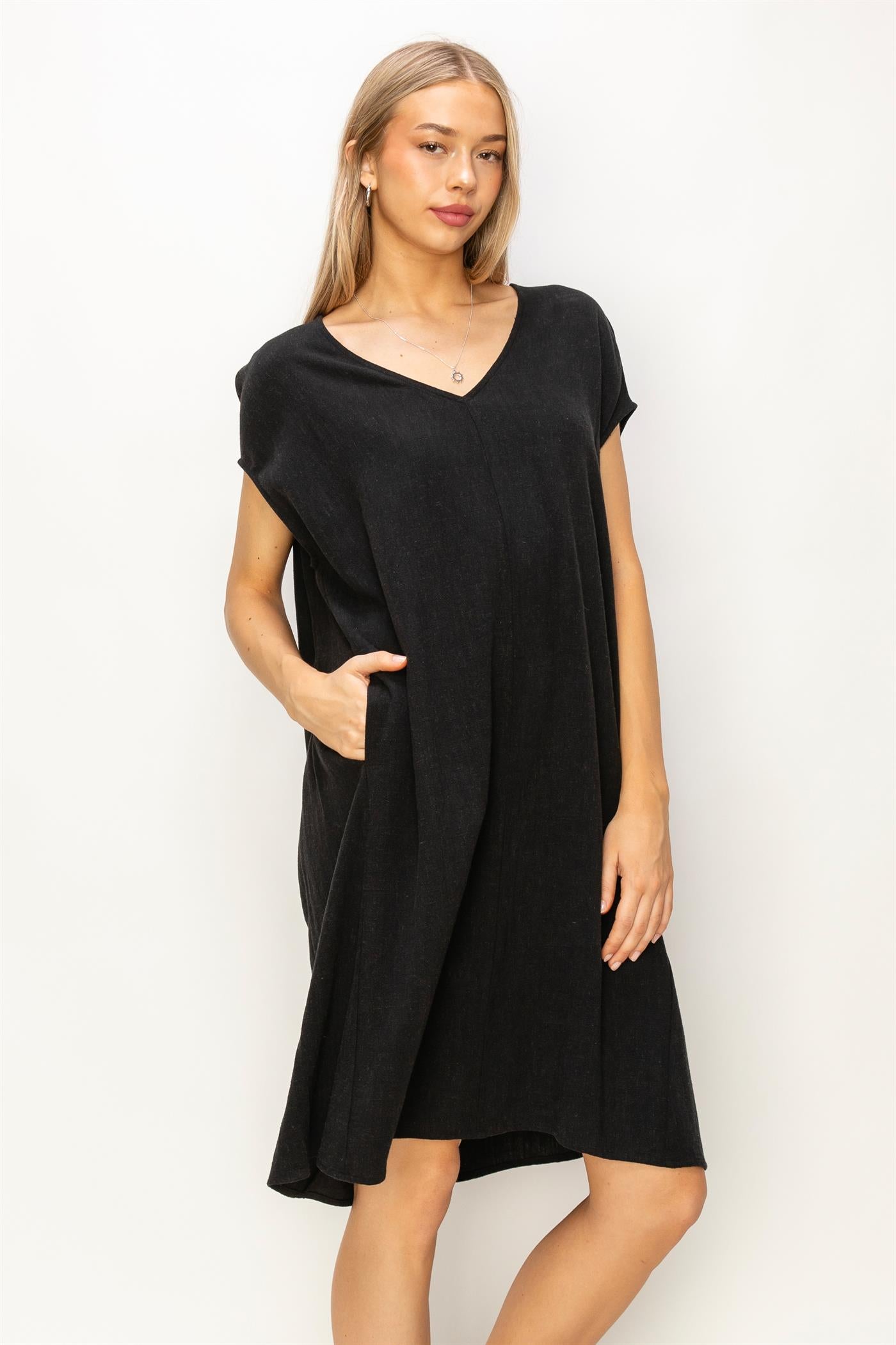Wholesale V-Neck Oversized Linen Midi Dress Dresses DZ23E033-D BLACK DOUBLE ZERO
