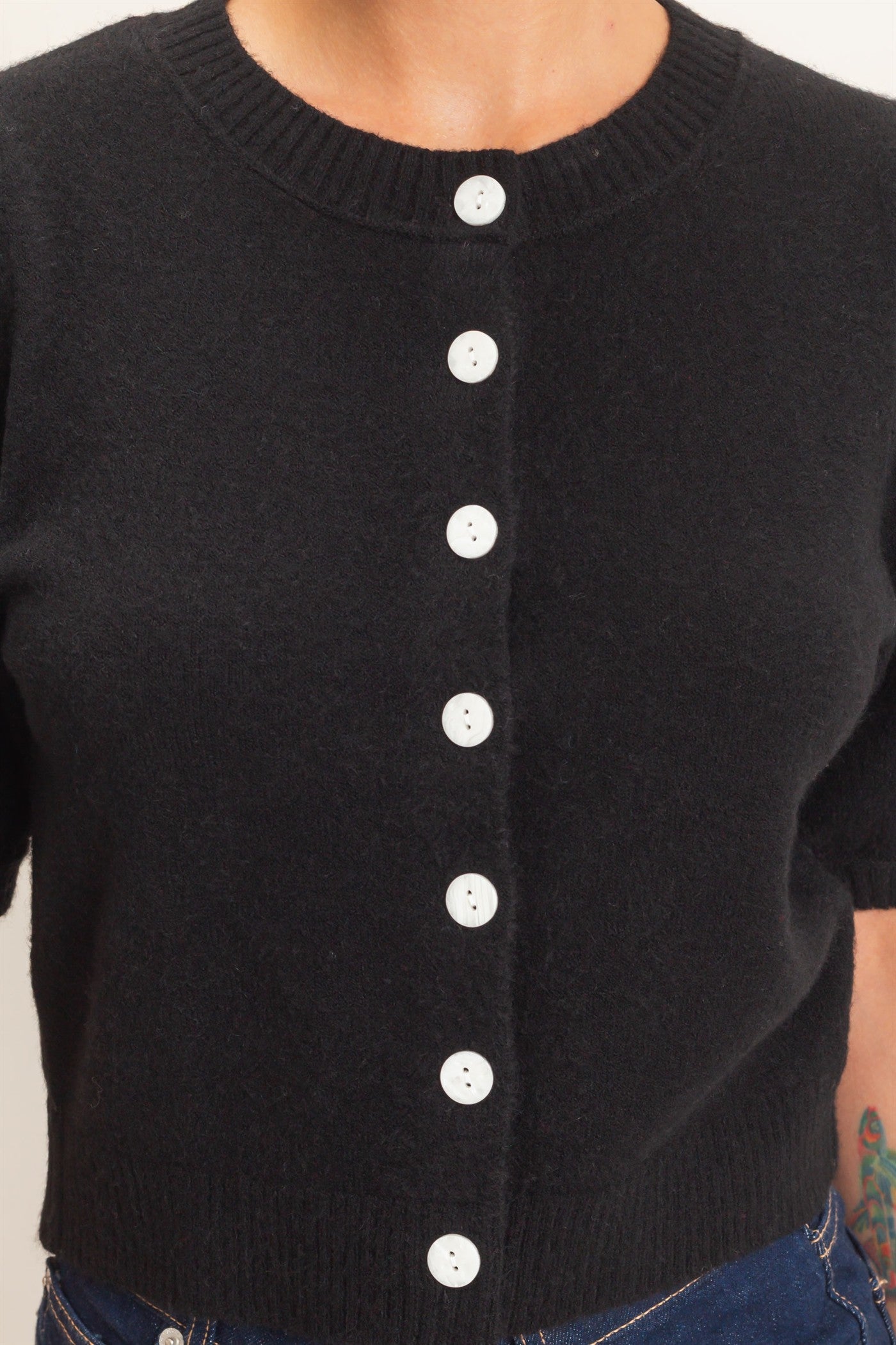 Wholesale Button Front Puff Short Sleeve Cardigan Cardigans DZ26C960 BLACK DOUBLE ZERO