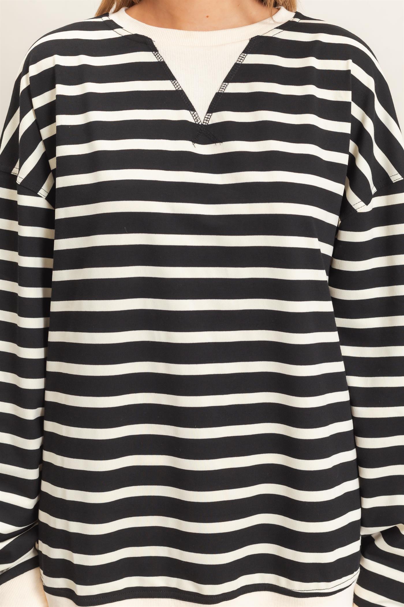 Wholesale Striped Long Sleeve Pullover Sweatshirts HF26F077 BLACK/CREAM HYFVE
