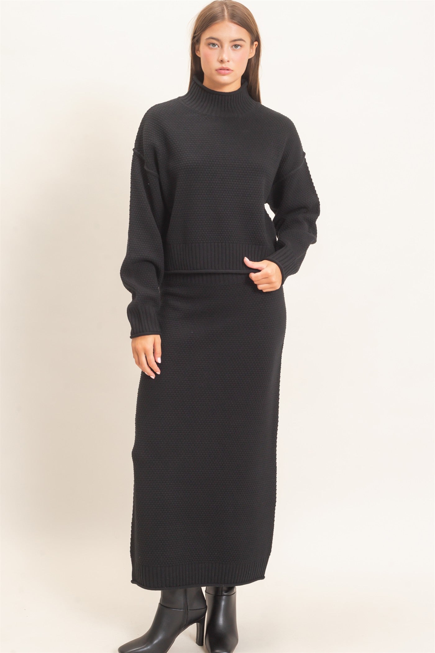 Wholesale High Neck Long Sleeve Top & Maxi Skirt Set Clothing DZ26E272-SET BLACK DOUBLE ZERO