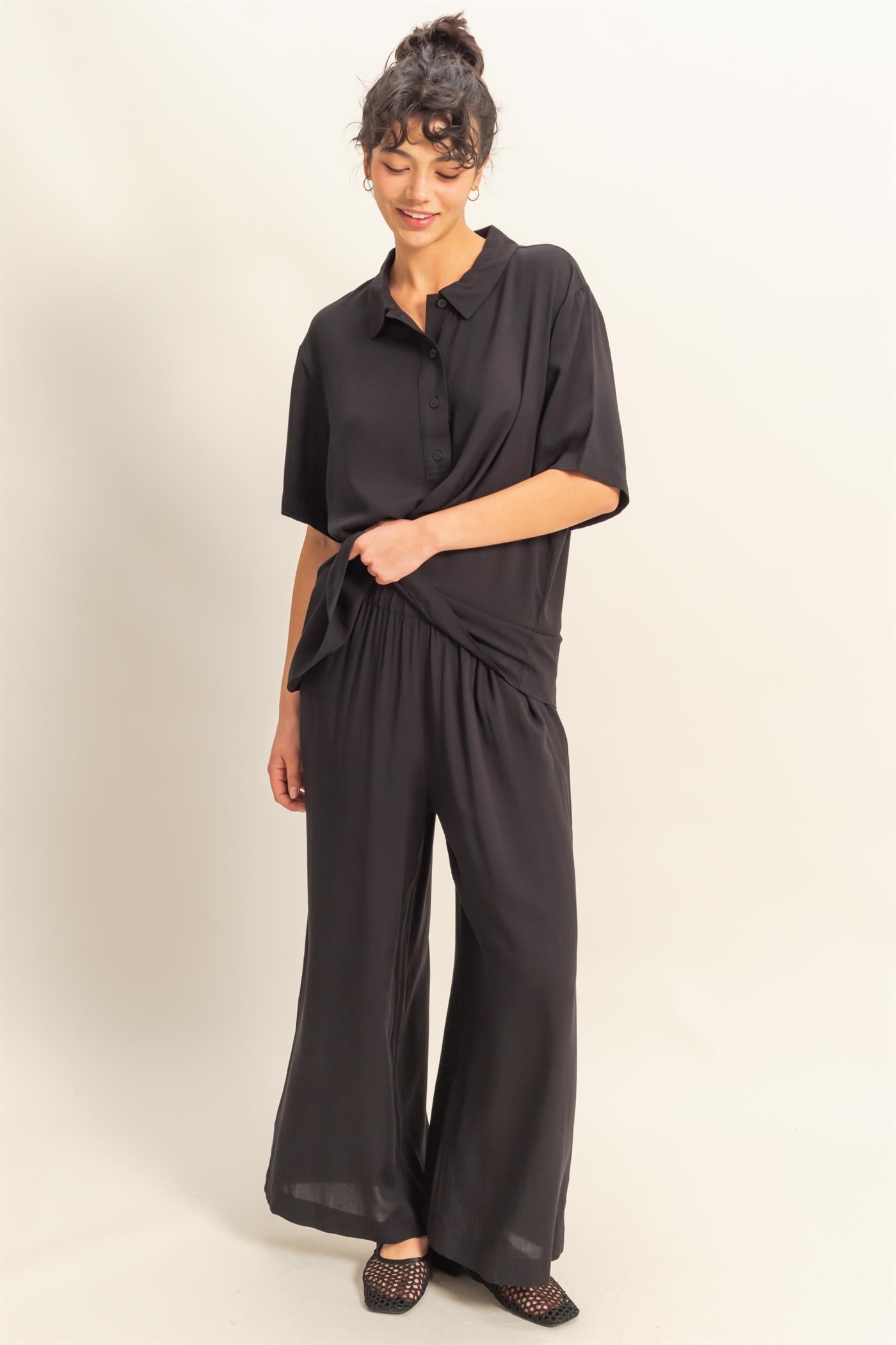 Wholesale High Waist Woven Wide Leg Pants Pants DZ25C192 BLACK DOUBLE ZERO