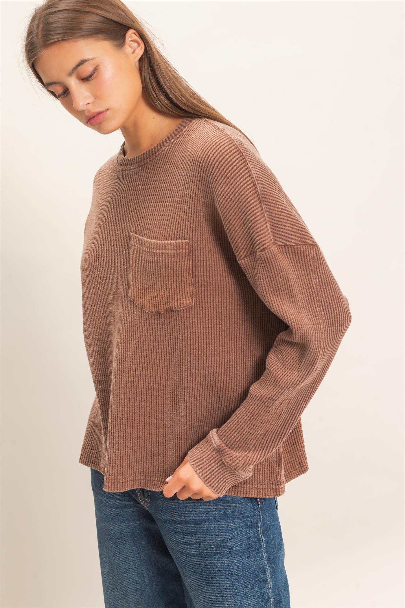 Wholesale Mineral Wash Waffle Long Sleeve Top Clothing Tops DZ26F242 DARK BROWN DOUBLE ZERO