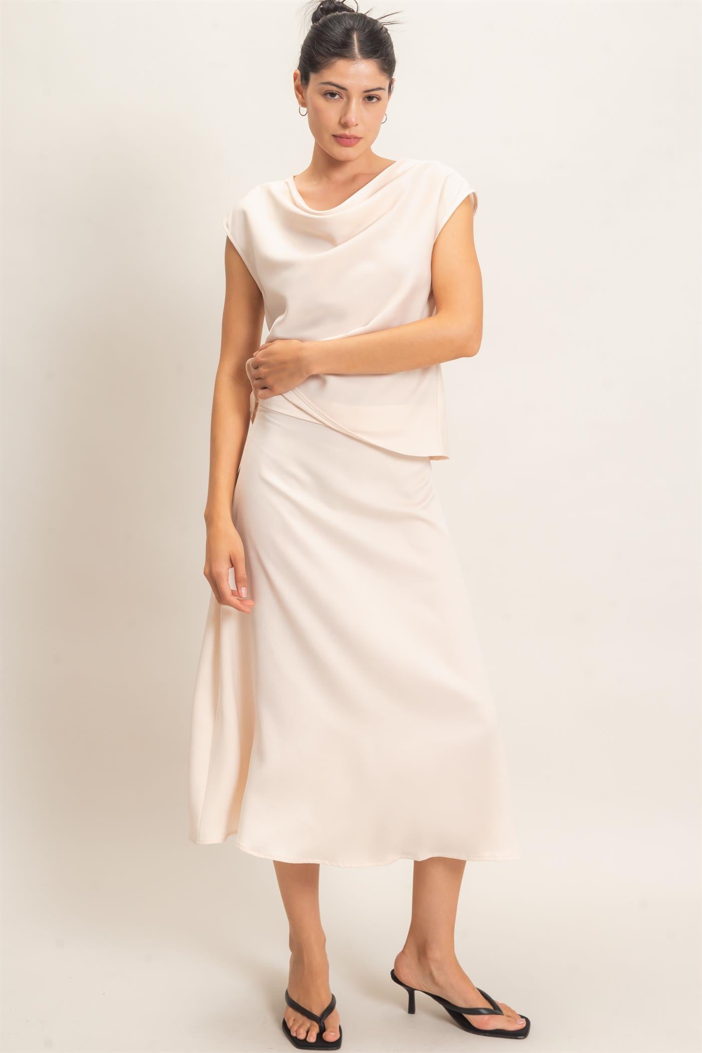 Wholesale Satin Cowl Neck Top And Skirt Set Clothing HF26C690-SET ALPACA HYFVE
