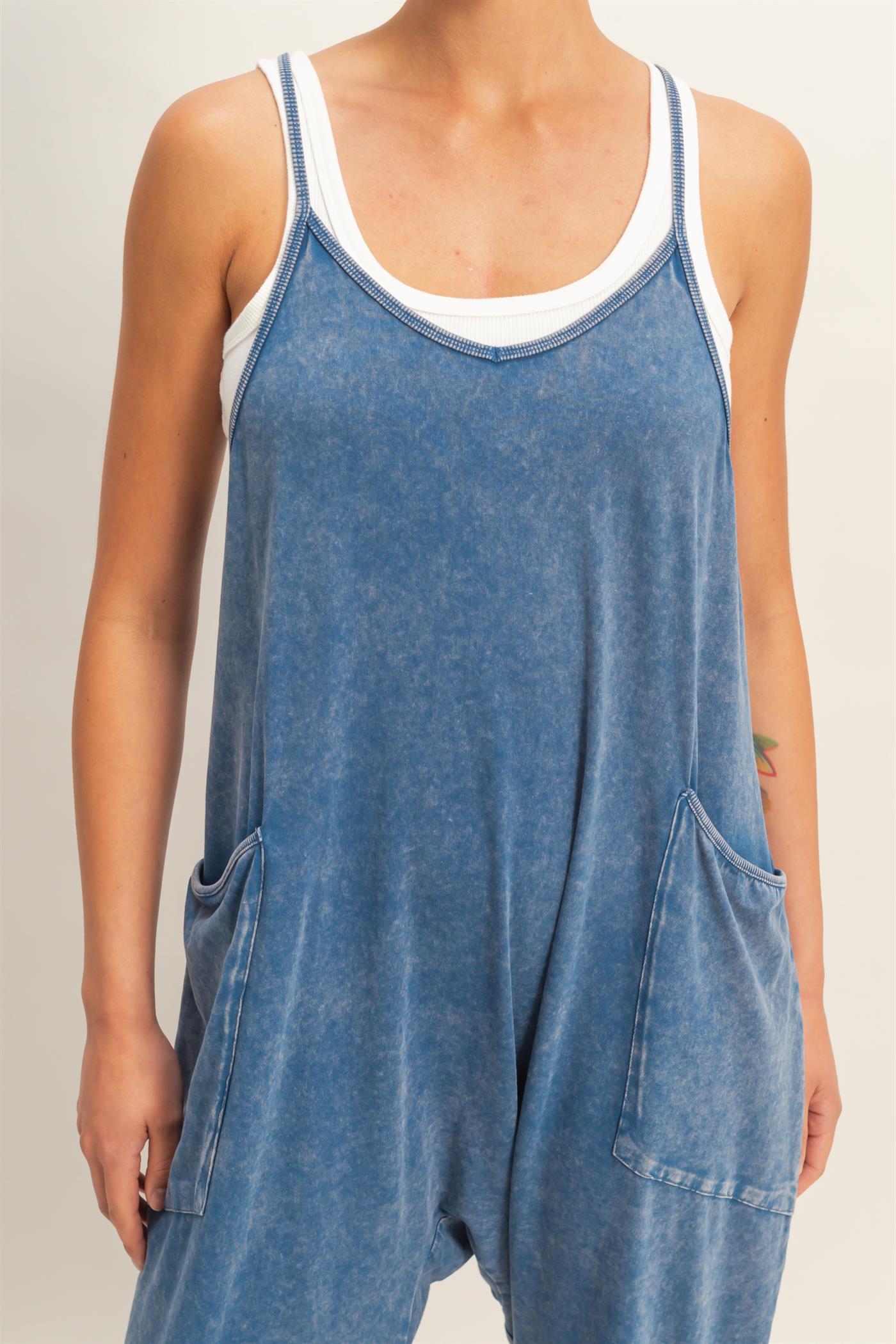 Wholesale Mineral Wash Spaghetti Strap Jumpsuit Clothing DZ26C375 NAVY DOUBLE ZERO