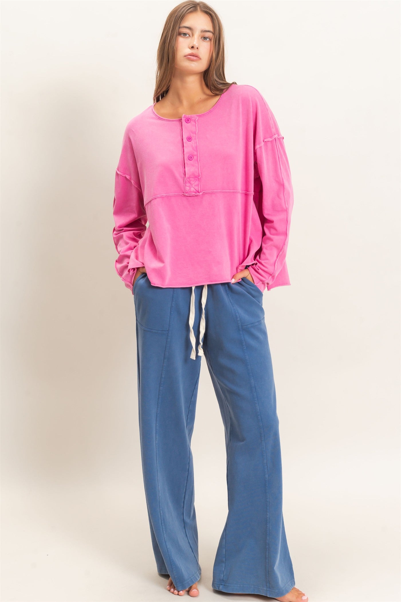 Wholesale Oversized Henley Top With Raw Edges Clothing Tops DZ26F128 FUCHSIA DOUBLE ZERO