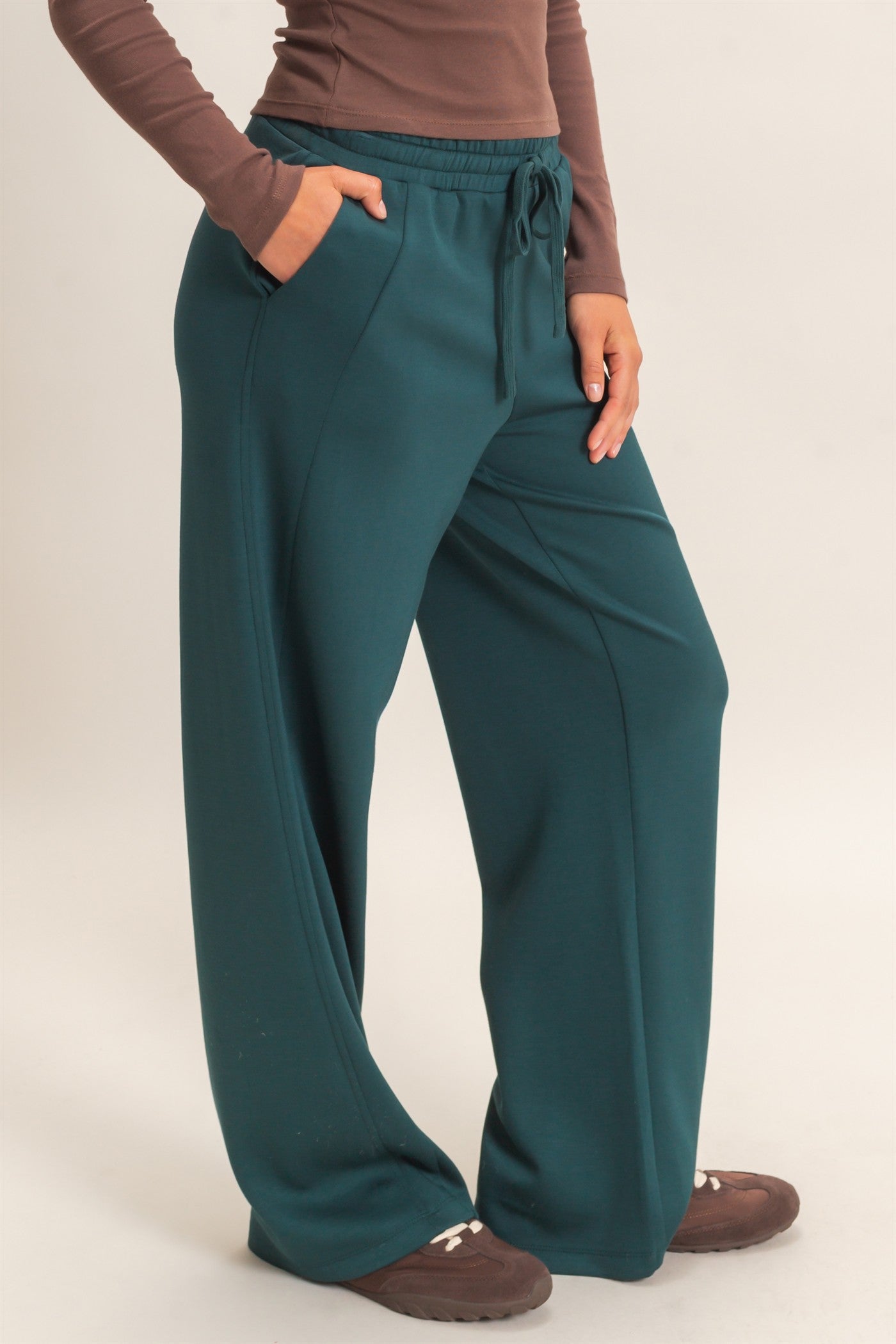 Wholesale Elastic Waist Straight Leg Pants Pants DZ26C969 DEEP GREEN DOUBLE ZERO