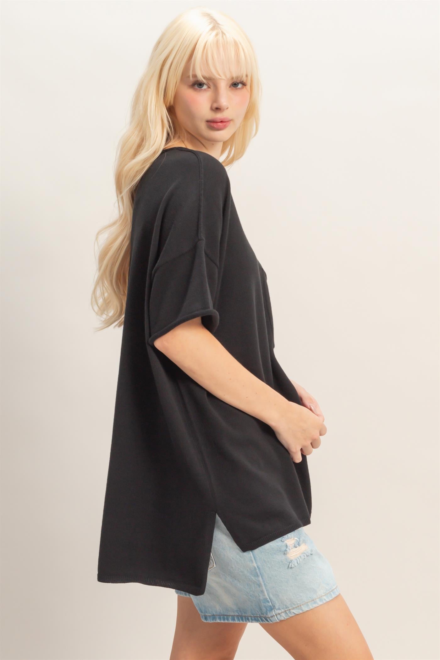 Wholesale Oversized Short Sleeve Round Neck Pocket Knit Top Clothing Tops DZ26A691 BLACK DOUBLE ZERO