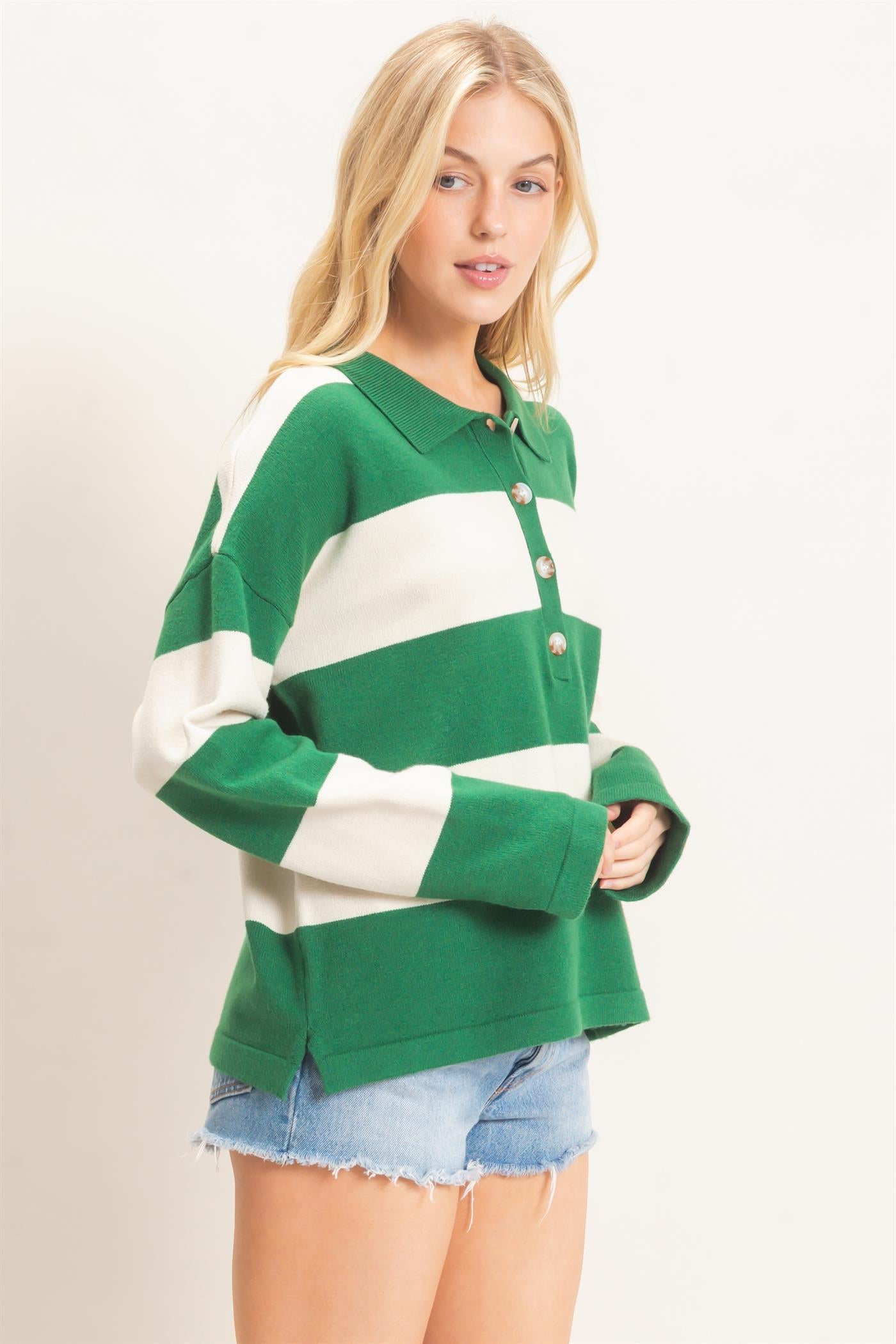 Wholesale Striped Button-Up Sweater Sweaters HF26F198 GREEN HYFVE