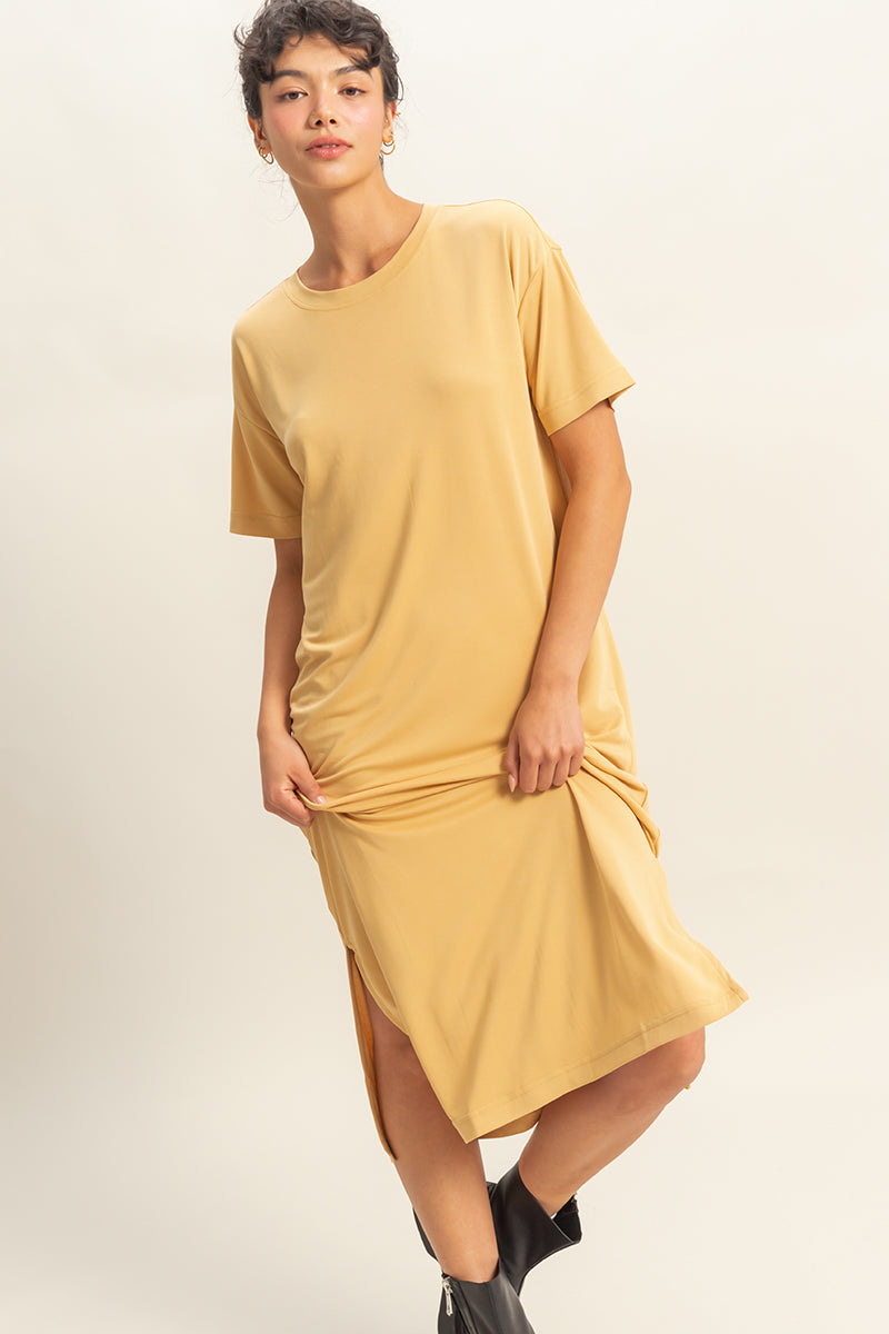 Wholesale Side Slit T-Shirt Midi Dress Dresses DZ23A961 TORTILLA BROWN DOUBLE ZERO