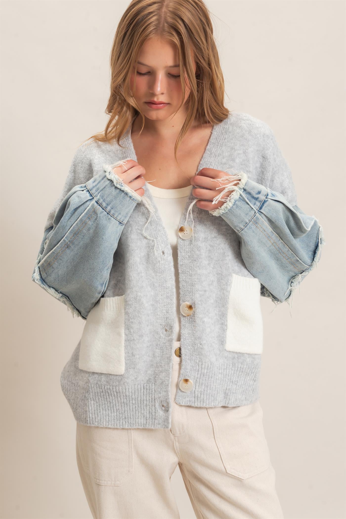 Wholesale V-Neck Cardigan With Distressed Denim Sleeves Cardigans HF26E838 LIGHT GRAY HYFVE